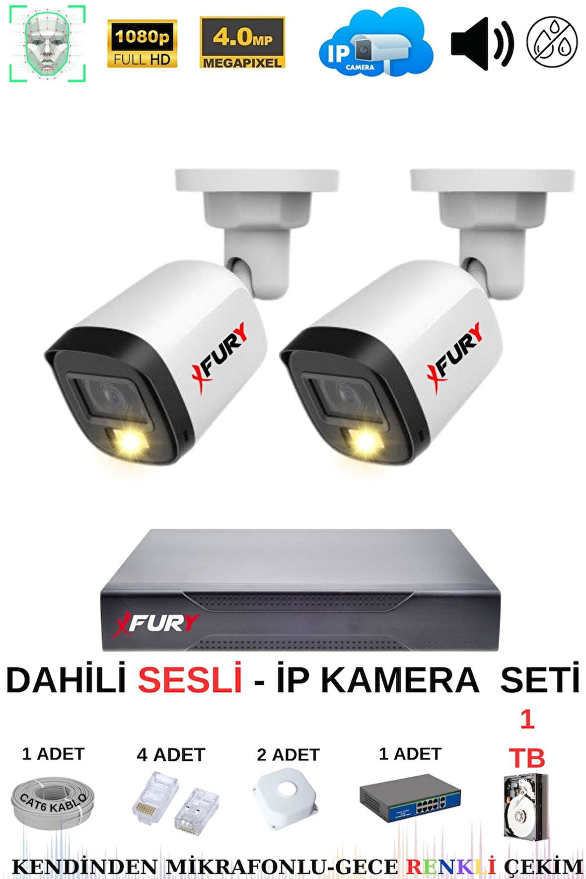 FURY Ip Güvenlik Kamera Seti 2 Kameralı Sesli 4mp Gece Renkli Su Geçirmez Ip5515s 1tb