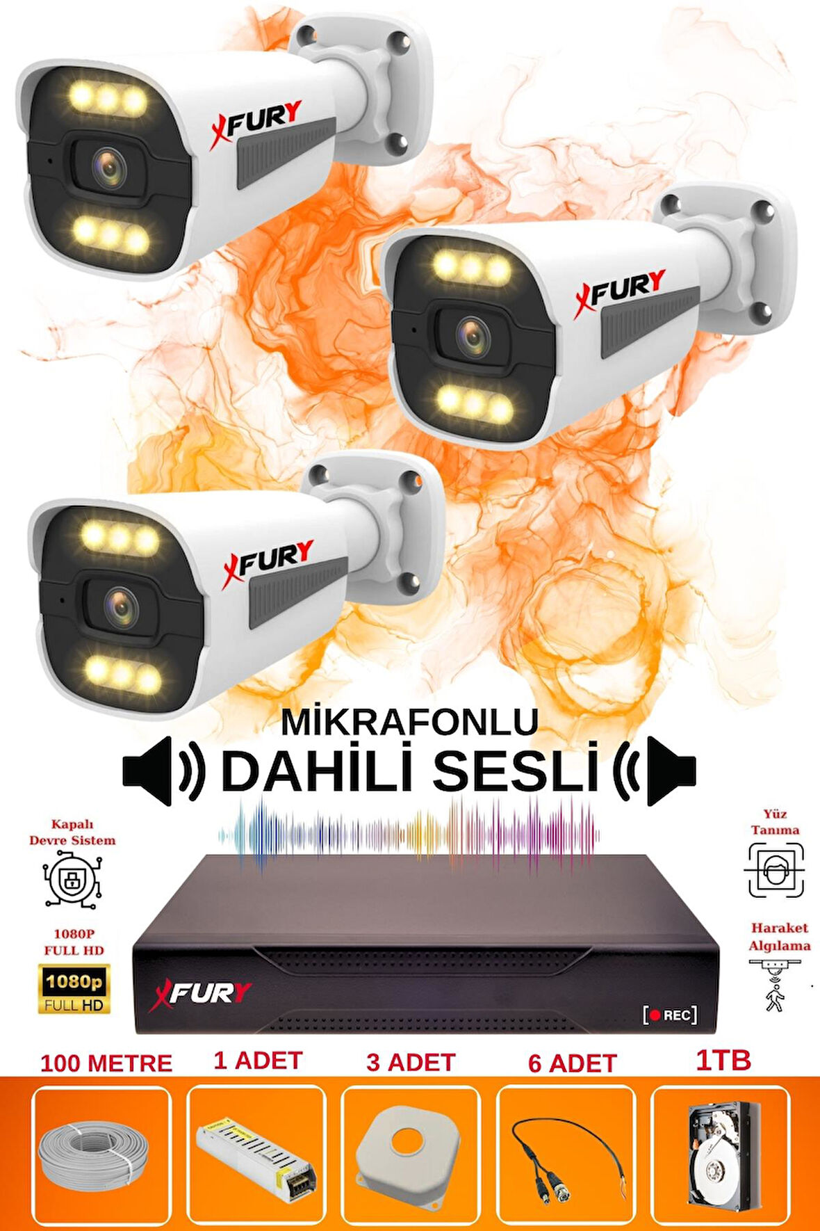 FURY 3 LÜ Sesli 6 Warm Led Gece Renkli Görüş Su Geçirmez Güvenlik Kamerası Seti 1TB