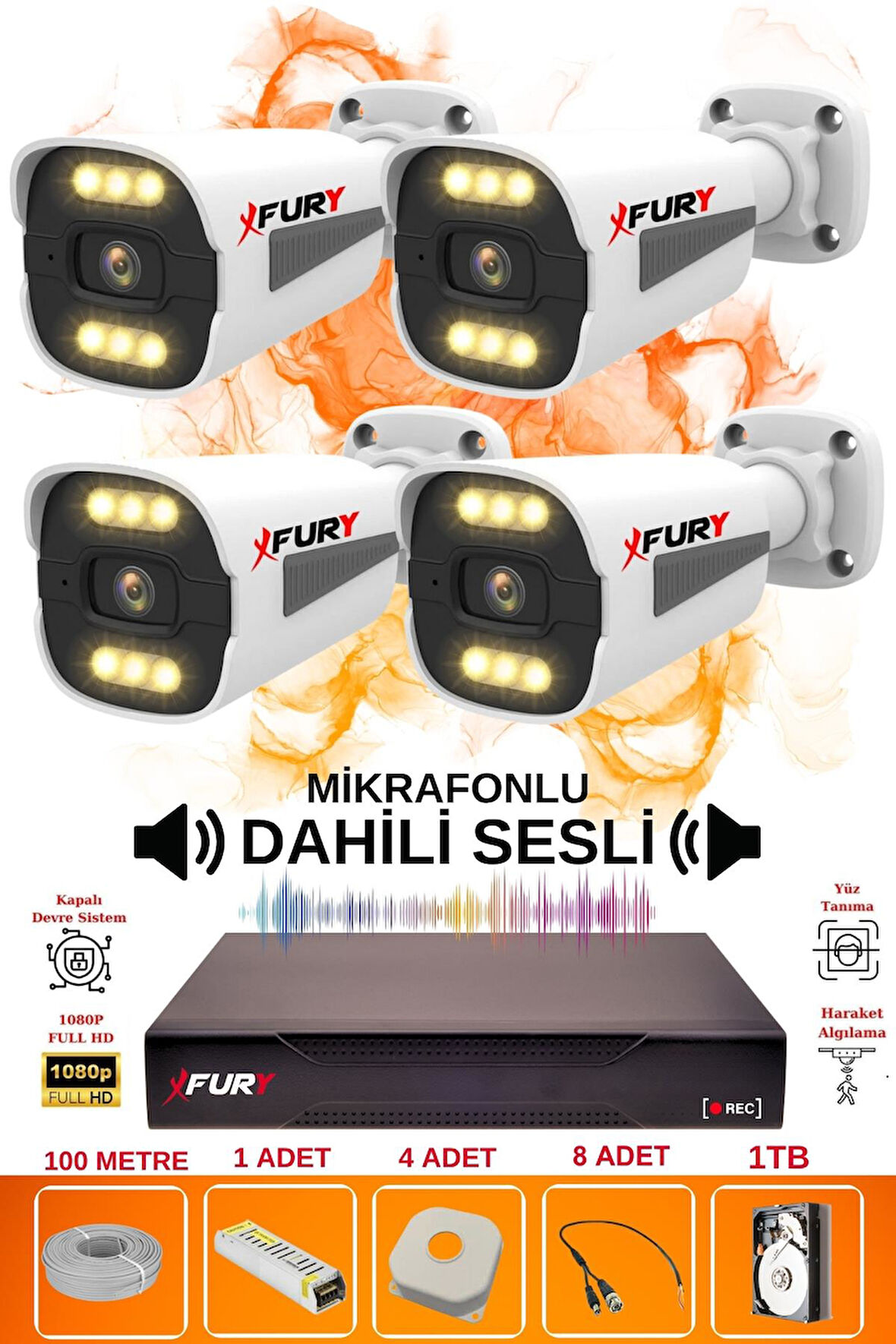 FURY 4 LÜ Sesli 6 Warm Led Gece Renkli Görüş Su Geçirmez Güvenlik Kamerası Seti 1TB