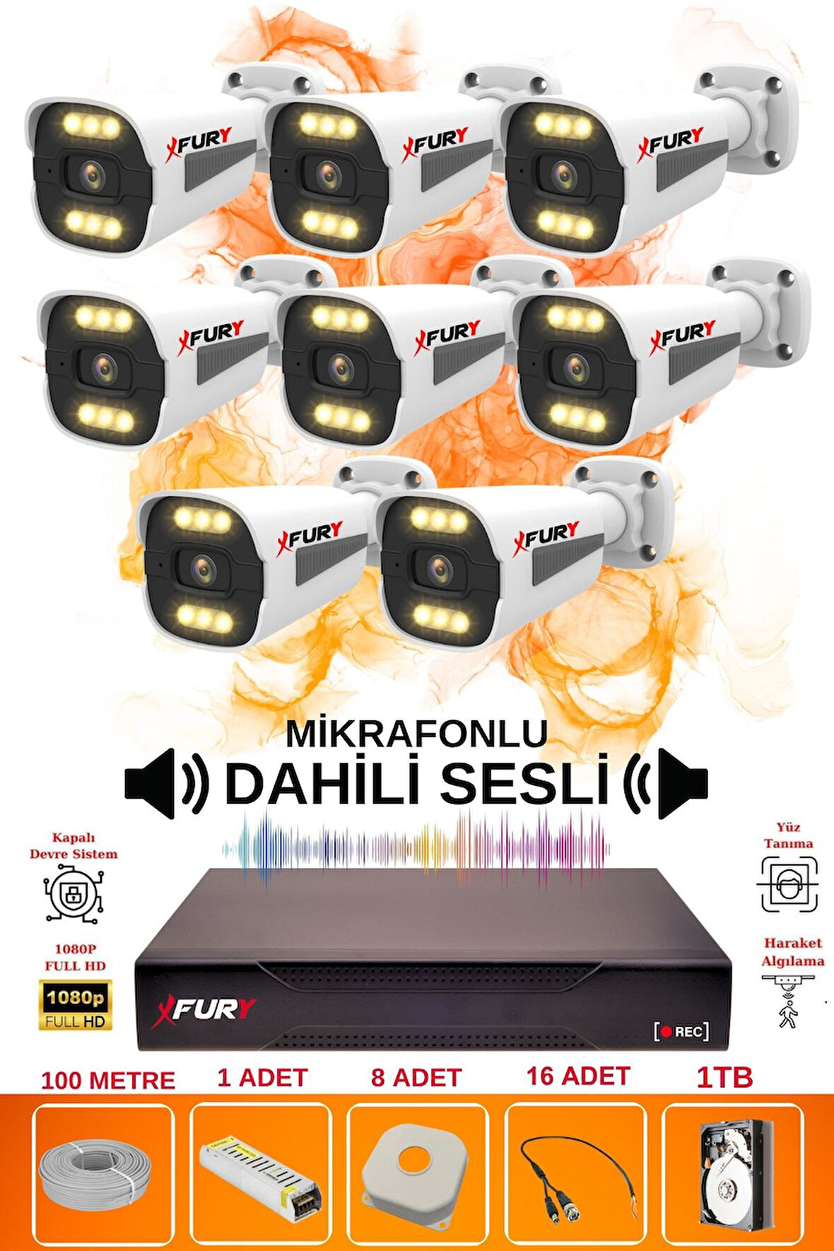 FURY 8 li Sesli 6 Warm Led Gece Renkli Görüş Su Geçirmez Güvenlik Kamerası Seti 1TB