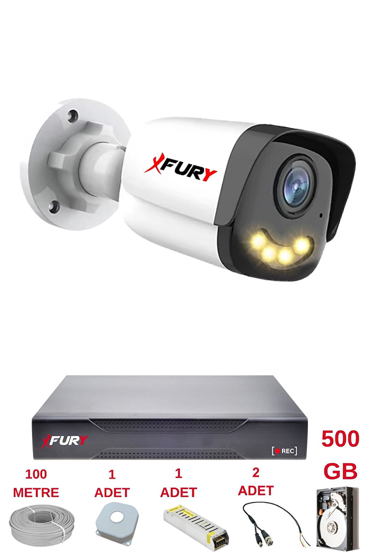 FURY 1 Kameralı 4 Warm Led Gece Renkli Görüş-Cepten İzle-Su Geçirmez Güvenlik Kamerası Seti 500GB