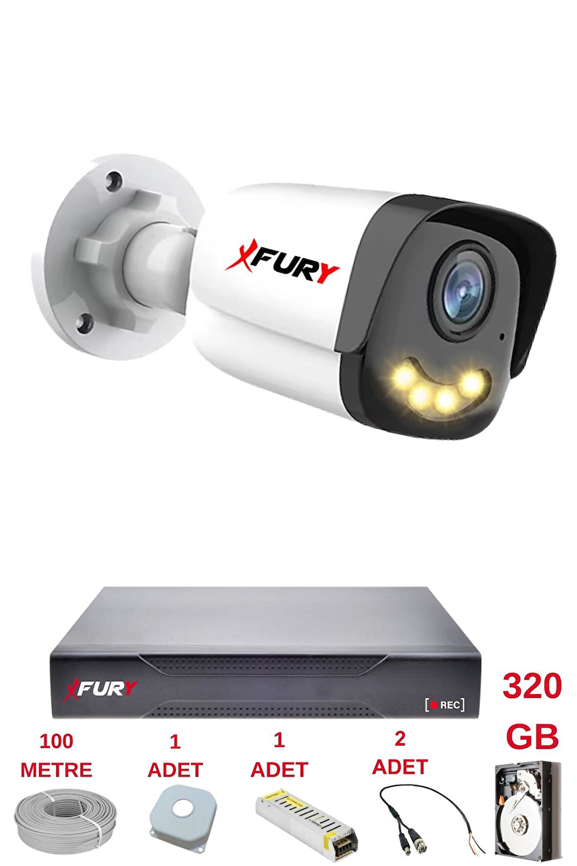 FURY 1 Kameralı 4 Warm Led Gece Renkli Görüş-Cepten İzle-Su Geçirmez Güvenlik Kamerası Seti 320GB