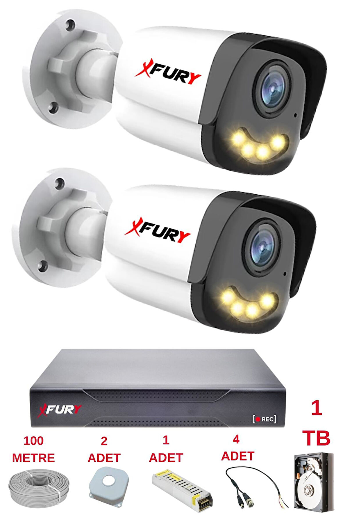 FURY 2 Kameralı 4 Warm Led Gece Renkli Görüş-Cepten İzle-Su Geçirmez Güvenlik Kamerası Seti 1TB