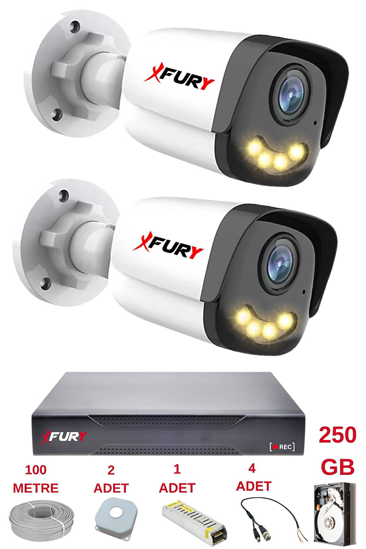 FURY 2 Kameralı 4 Warm Led Gece Renkli Görüş-Cepten İzle-Su Geçirmez Güvenlik Kamerası Seti 250GB