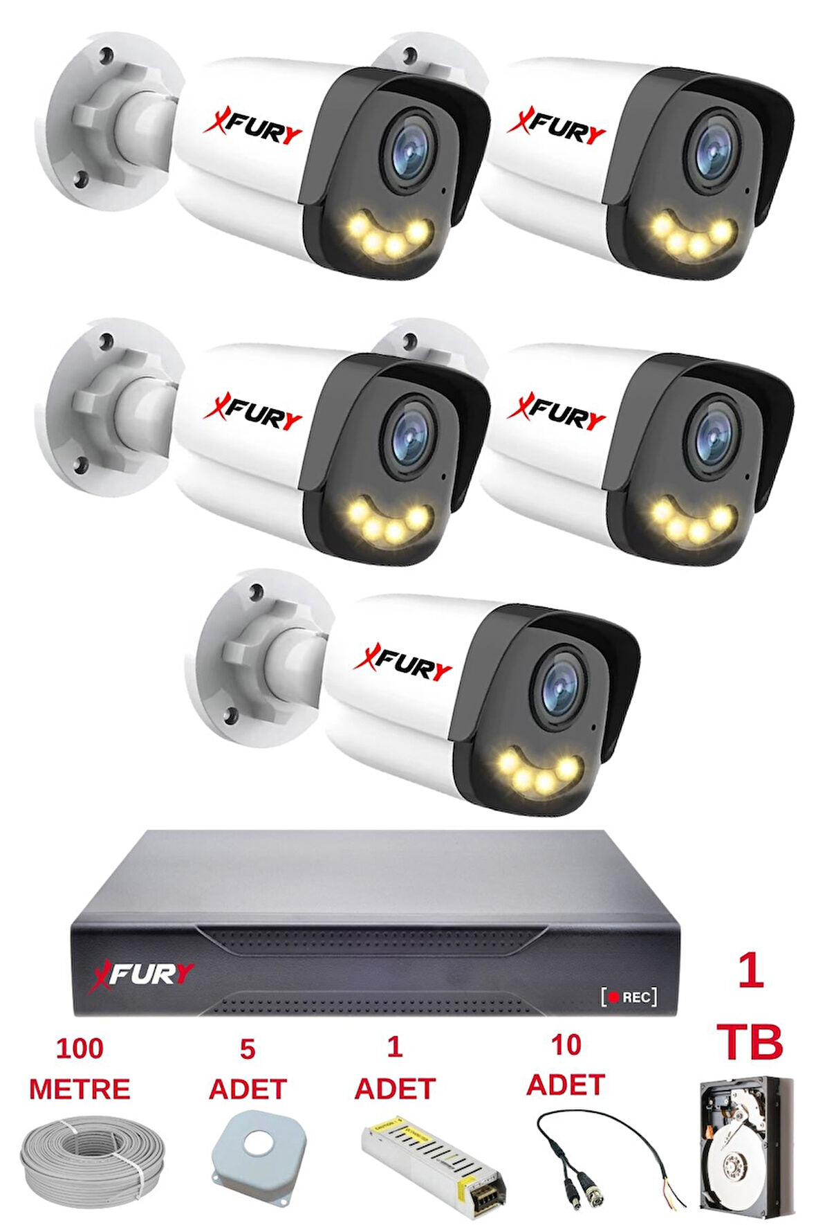 FURY 5 Kameralı 4 Warm Led Gece Renkli Görüş-Cepten İzle-Su Geçirmez Güvenlik Kamerası Seti 1TB