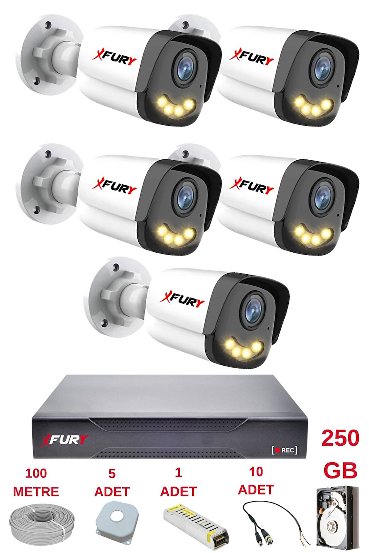 FURY 5 Kameralı 4 Warm Led Gece Renkli Görüş-Cepten İzle-Su Geçirmez Güvenlik Kamerası Seti 250GB