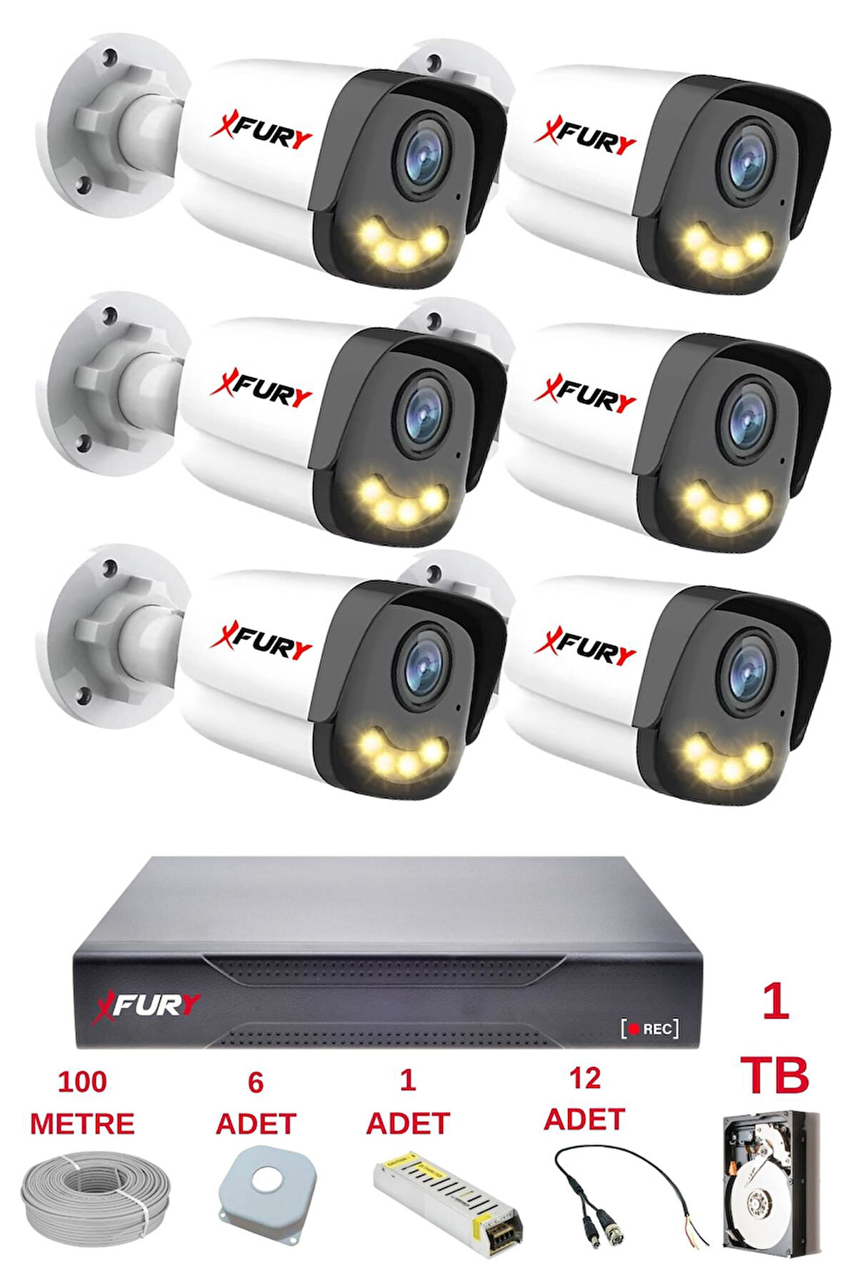 FURY 6 Kameralı 4 Warm Led Gece Renkli Görüş-Cepten İzle-Su Geçirmez Güvenlik Kamerası Seti 1TB