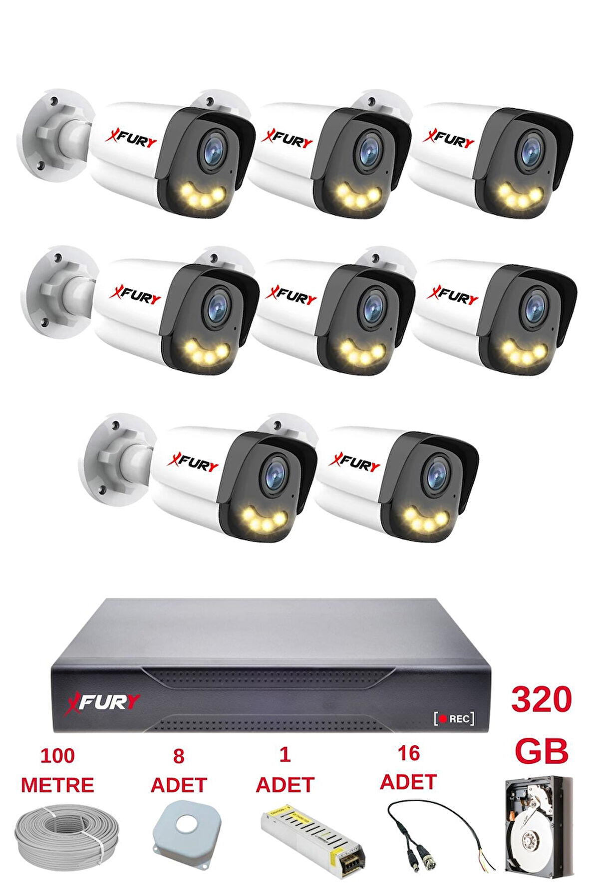 FURY 8 Kameralı 4 Warm Led Gece Renkli Görüş-Cepten İzle-Su Geçirmez Güvenlik Kamerası Seti 320GB