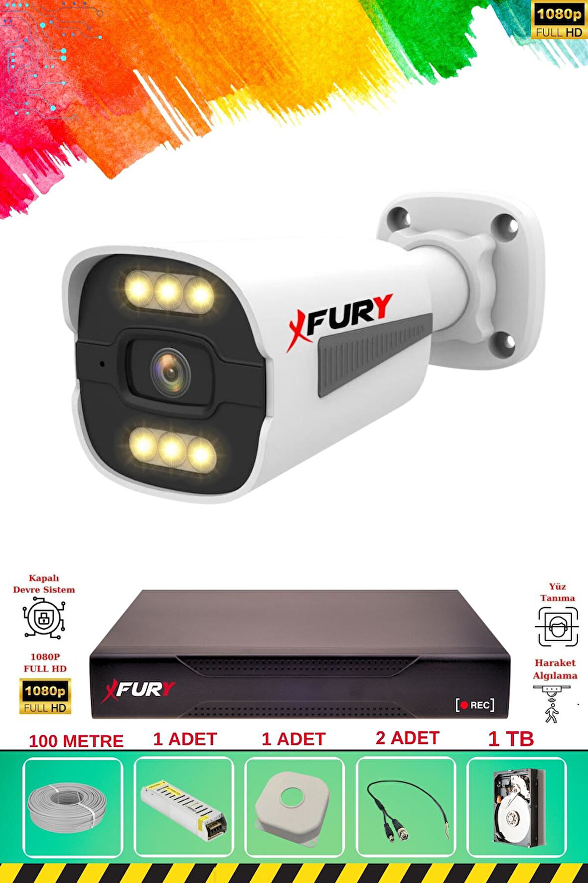 FURY 1 Kameralı 6 Warm Led Gece Renkli Görüş-Cepten İzle-Su Geçirmez Güvenlik Kamerası Seti 1TB