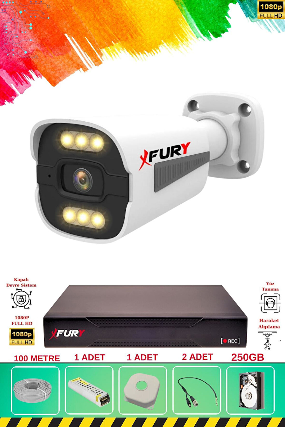 FURY 1 Kameralı 6 Warm Led Gece Renkli Görüş-Cepten İzle-Su Geçirmez Güvenlik Kamerası Seti 250GB