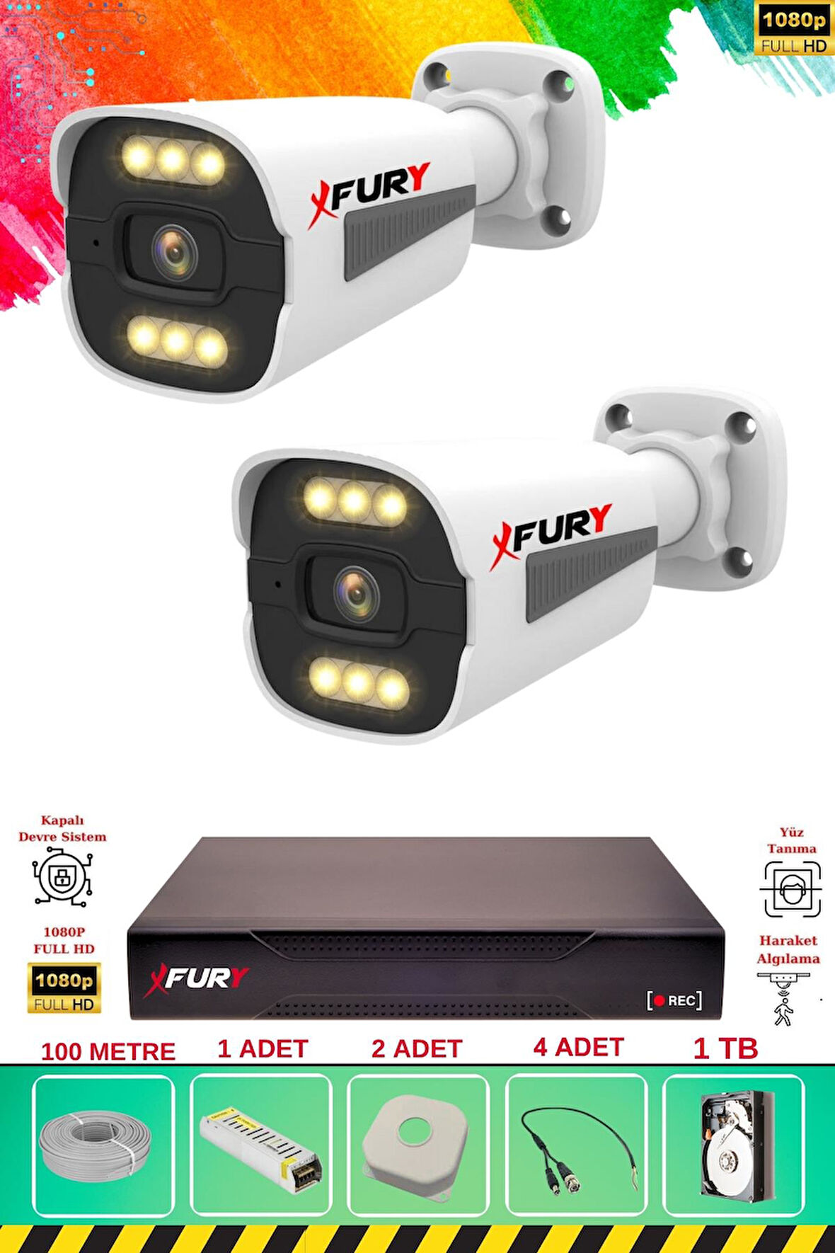 FURY 2 Kameralı 6 Warm Led Gece Renkli Görüş-Cepten İzle-Su Geçirmez Güvenlik Kamerası Seti 1TB