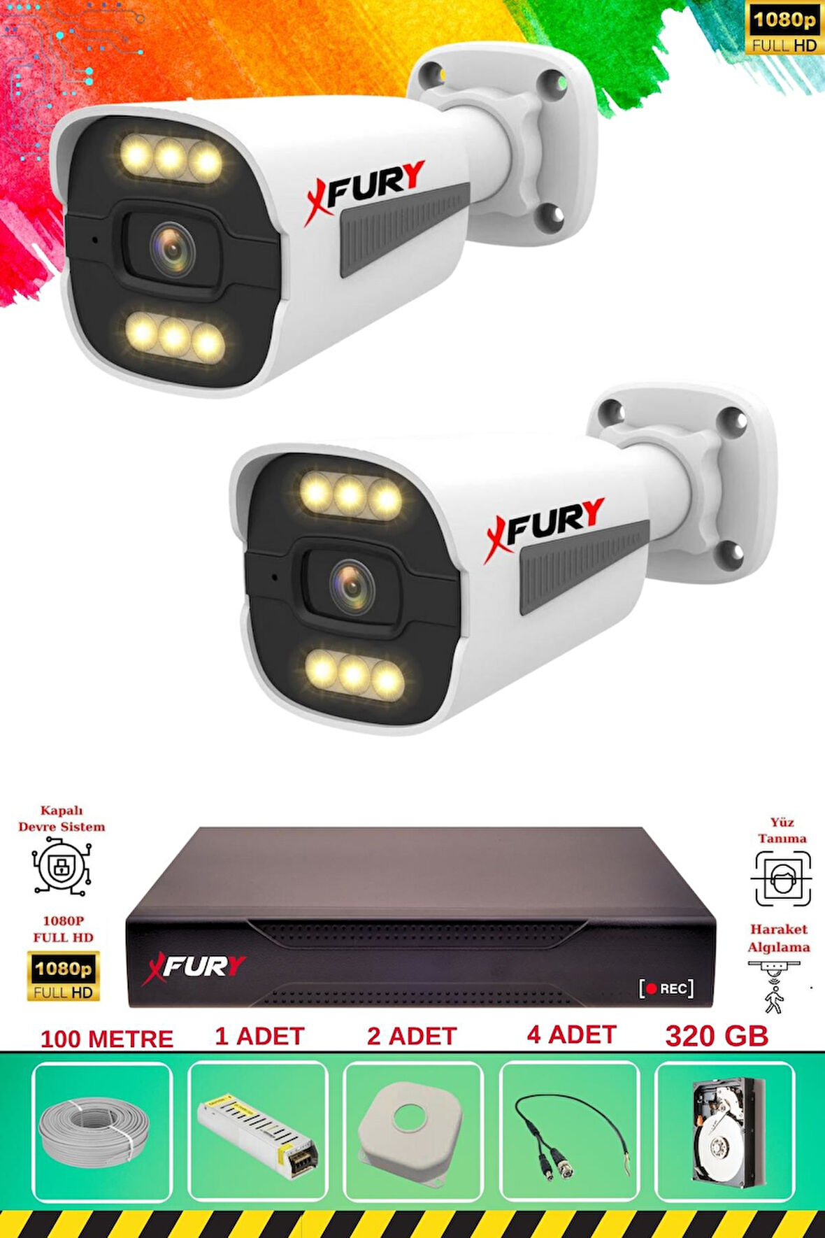 FURY 2 Kameralı 6 Warm Led Gece Renkli Görüş-Cepten İzle-Su Geçirmez Güvenlik Kamerası Seti 320GB