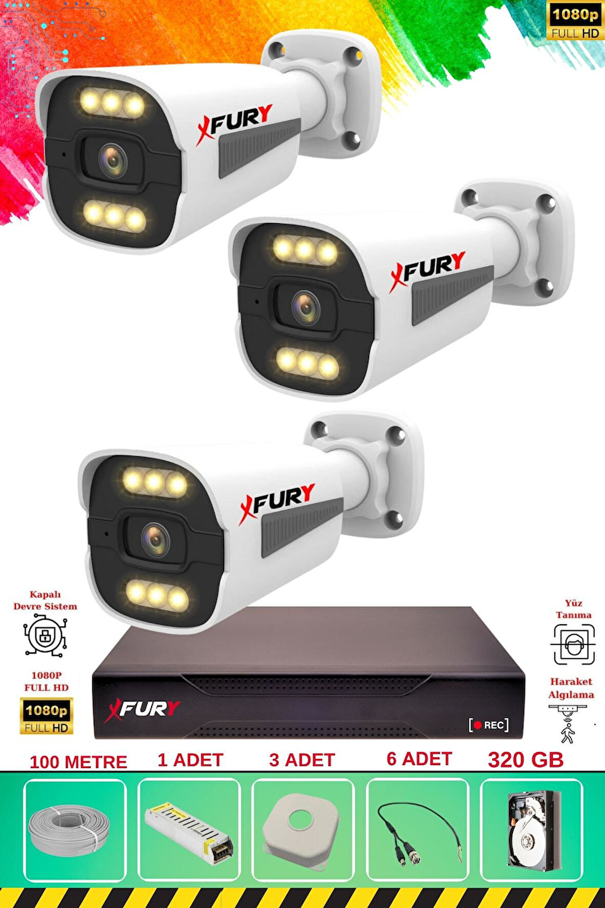 FURY 3 Kameralı 6 Warm Led Gece Renkli Görüş-Cepten İzle-Su Geçirmez Güvenlik Kamerası Seti 320GB