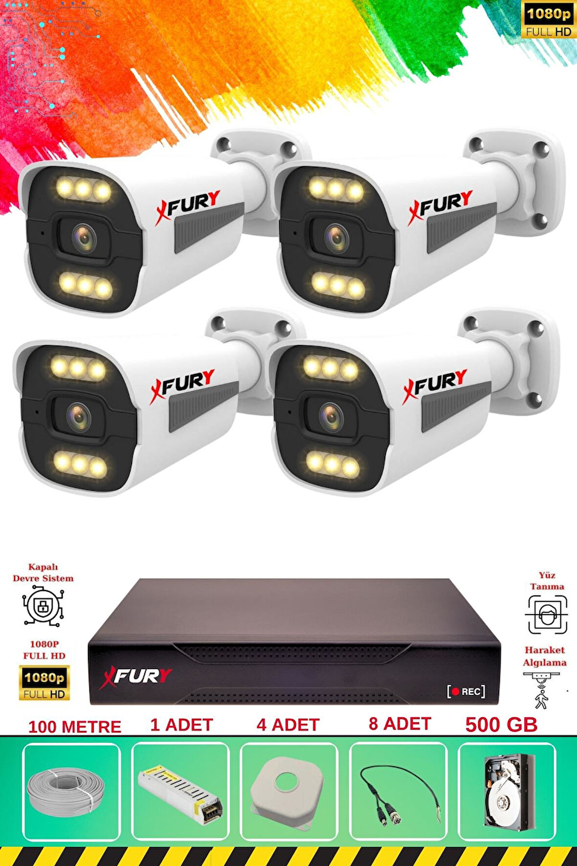 FURY 4 Kameralı 6 Warm Led Gece Renkli Görüş-Cepten İzle-Su Geçirmez Güvenlik Kamerası Seti 500GB