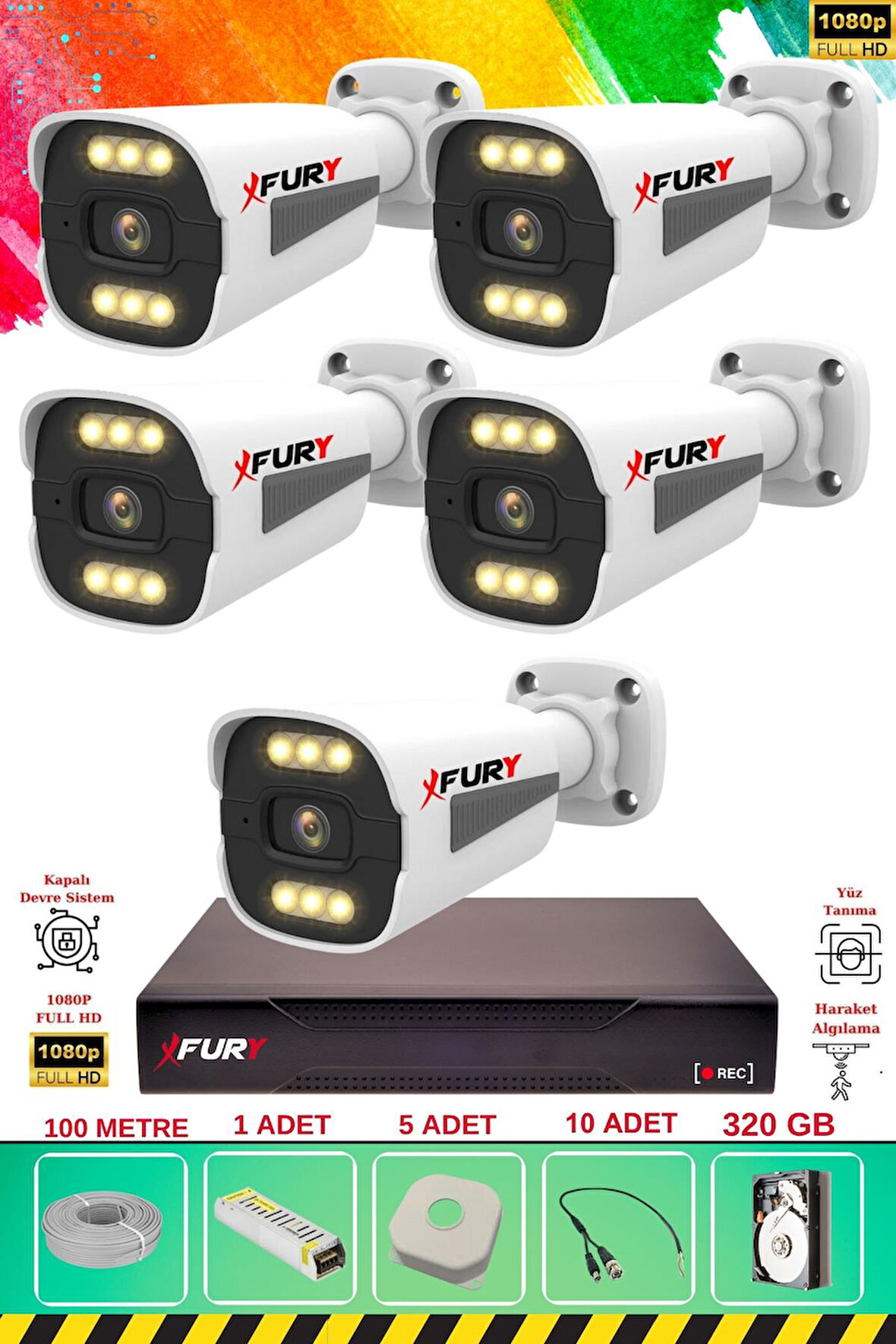 FURY 5 Kameralı 6 Warm Led Gece Renkli Görüş-Cepten İzle-Su Geçirmez Güvenlik Kamerası Seti 320GB