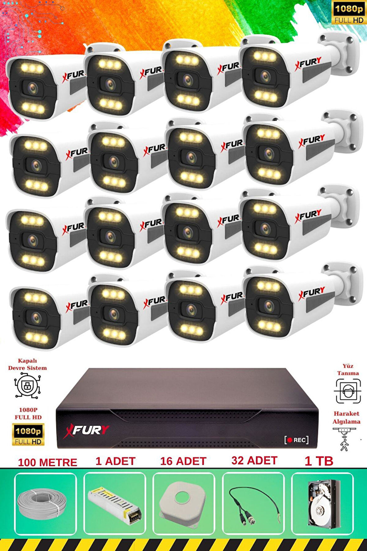 FURY 16 Kameralı 6 Warm Led Gece Renkli Görüş-Cepten İzle-Su Geçirmez Güvenlik Kamerası Seti 1TB