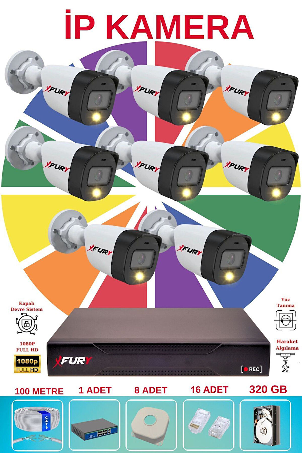 FURY 8 li Ip Güvenlik Kamera Seti Sesli 4mp Gece Renkli Su Geçirmez 5515s 320GB