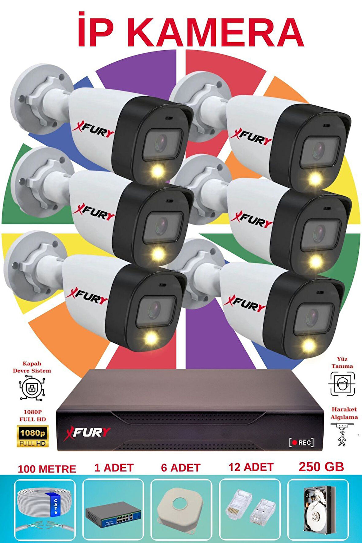 FURY 6 lı Ip Güvenlik Kamera Seti Sesli 4mp Gece Renkli Su Geçirmez 5515s 250GB