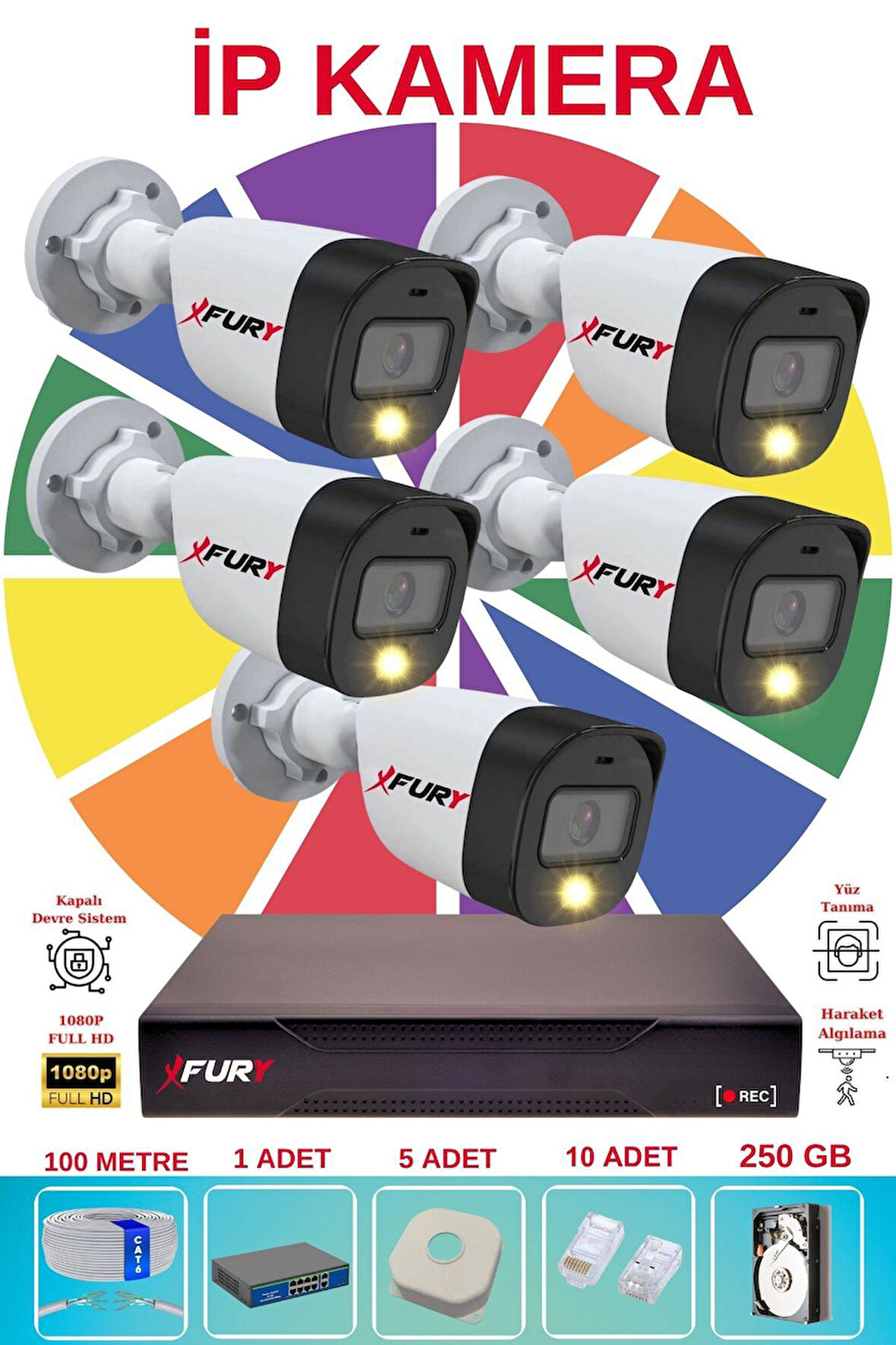 FURY 5 Li Ip Güvenlik Kamera Seti Sesli 4mp Gece Renkli Su Geçirmez 5515s 250GB