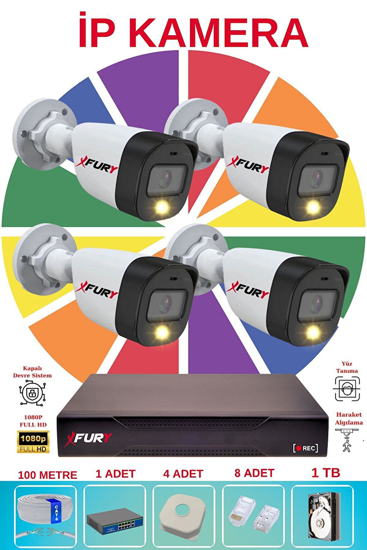 FURY 4 Lü Ip Güvenlik Kamera Seti Sesli 4mp Gece Renkli Su Geçirmez 5515s 1TB