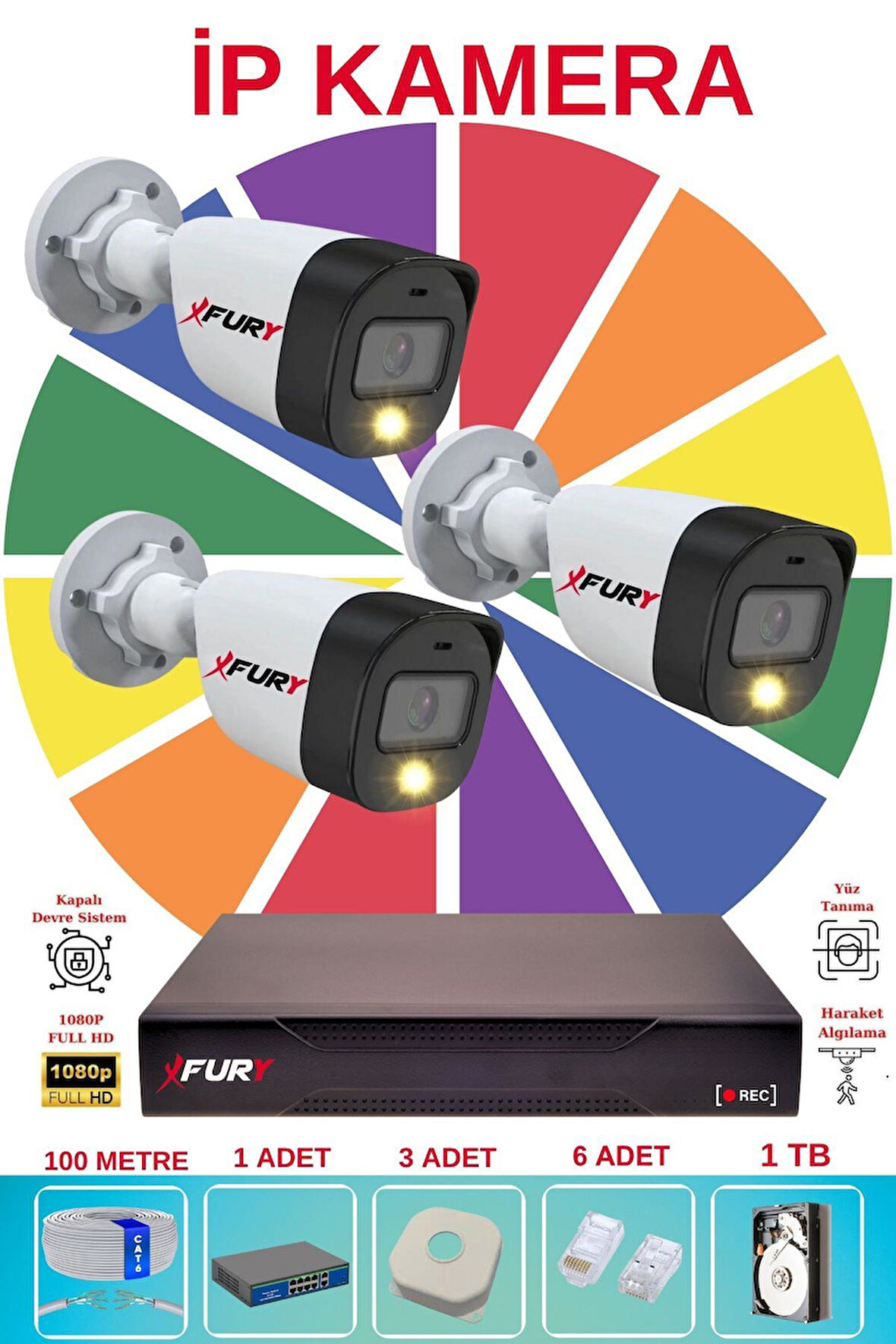 FURY 3 Lü Ip Güvenlik Kamera Seti Sesli 4mp Gece Renkli Su Geçirmez 5515s 1TB