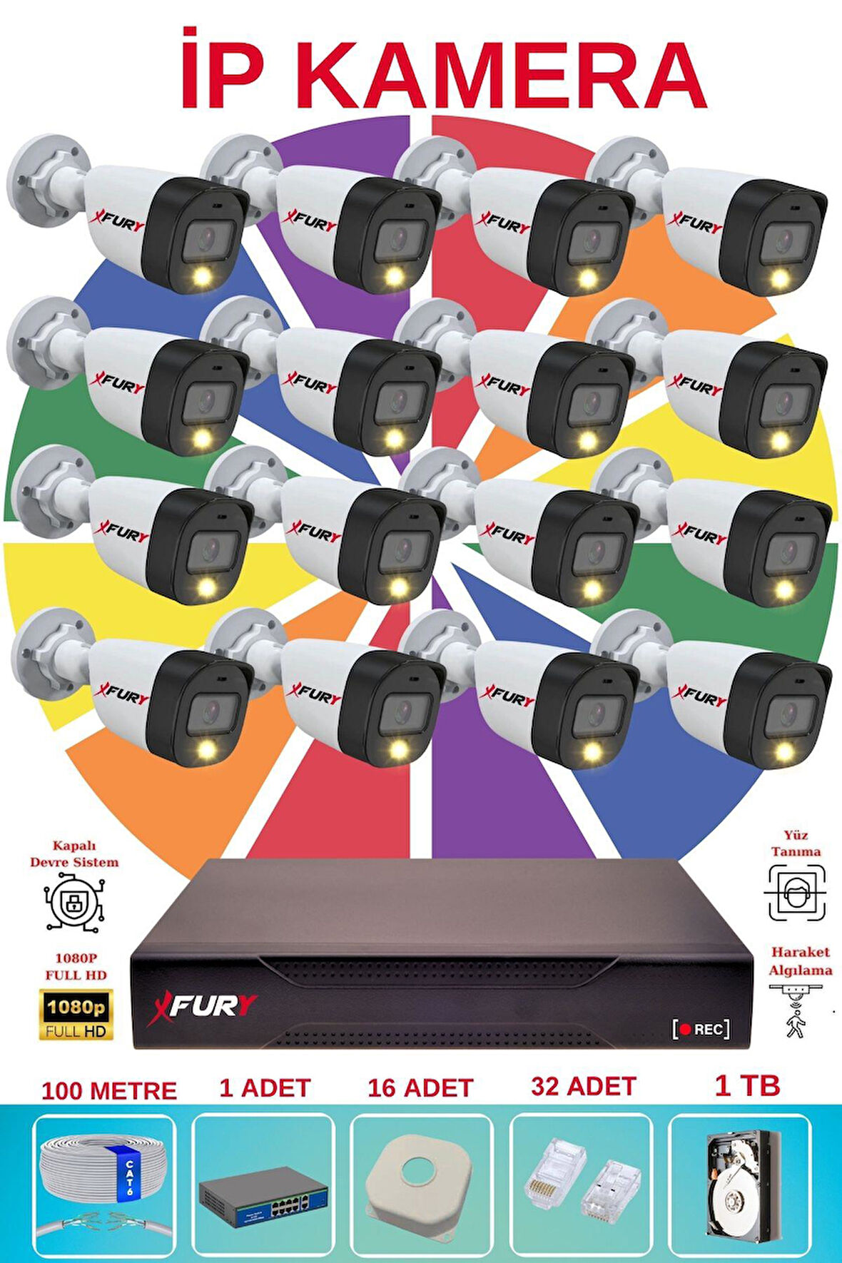 FURY 16 Lı Ip Güvenlik Kamera Seti Sesli 4mp Gece Renkli Su Geçirmez 5515s 1TB