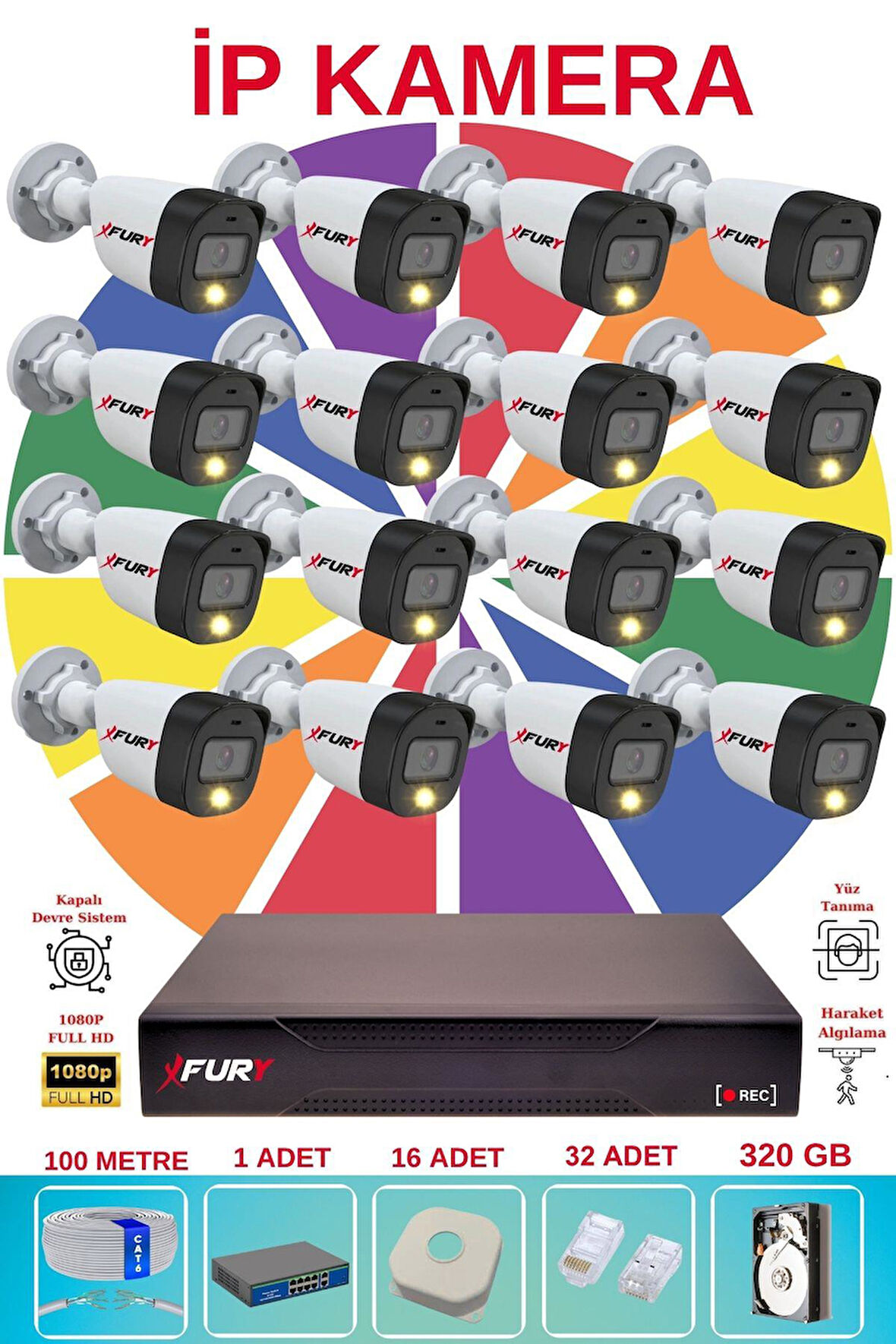 FURY 16 Lı Ip Güvenlik Kamera Seti Sesli 4mp Gece Renkli Su Geçirmez 5515s 320GB