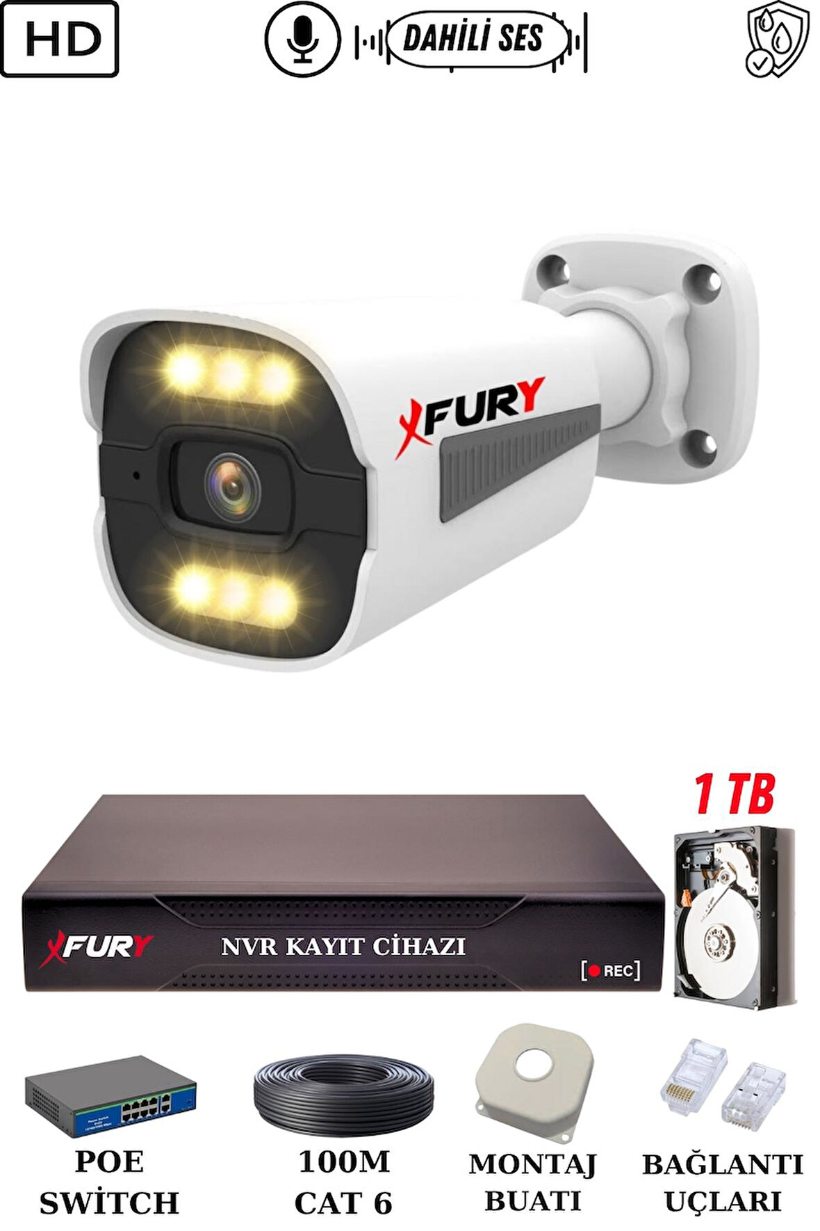 FURY 1 Kameralı Ip Güvenlik Kamerası Seti Sesli 4mp Gece Renkli Su Geçirmez 1506s 1TB