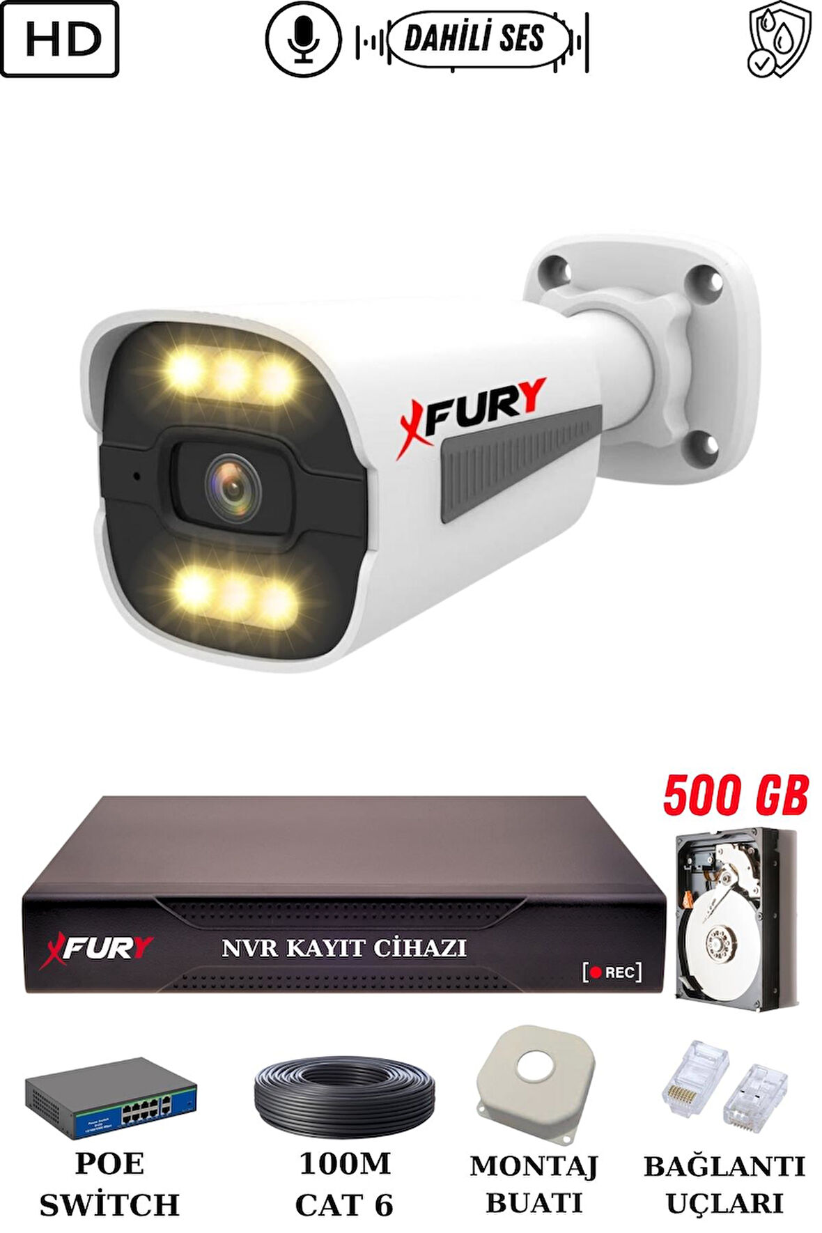 FURY 1 Kameralı Ip Güvenlik Kamerası Seti Sesli 4mp Gece Renkli Su Geçirmez 1506s 500GB