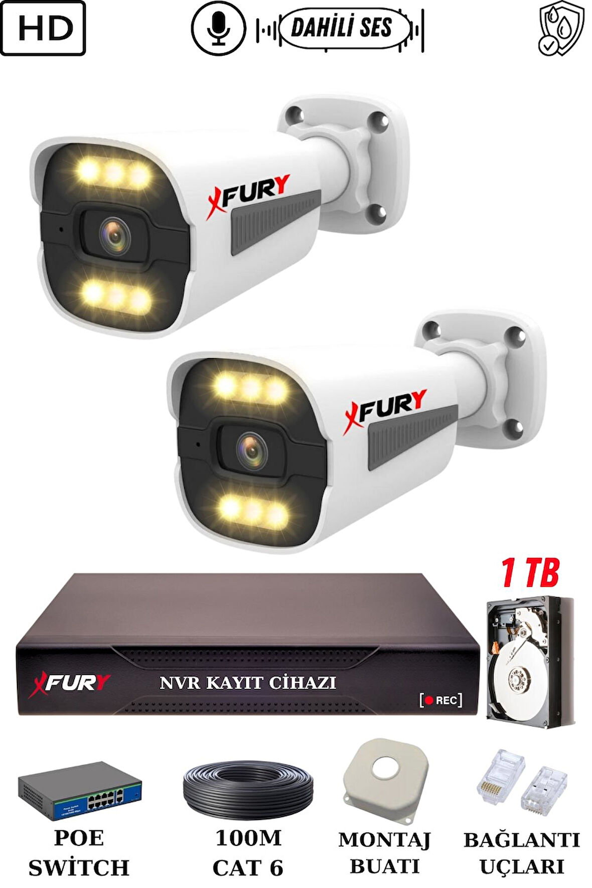 FURY 2 Kameralı Ip Güvenlik Kamerası Seti Sesli 4mp Gece Renkli Su Geçirmez 1506s 1TB