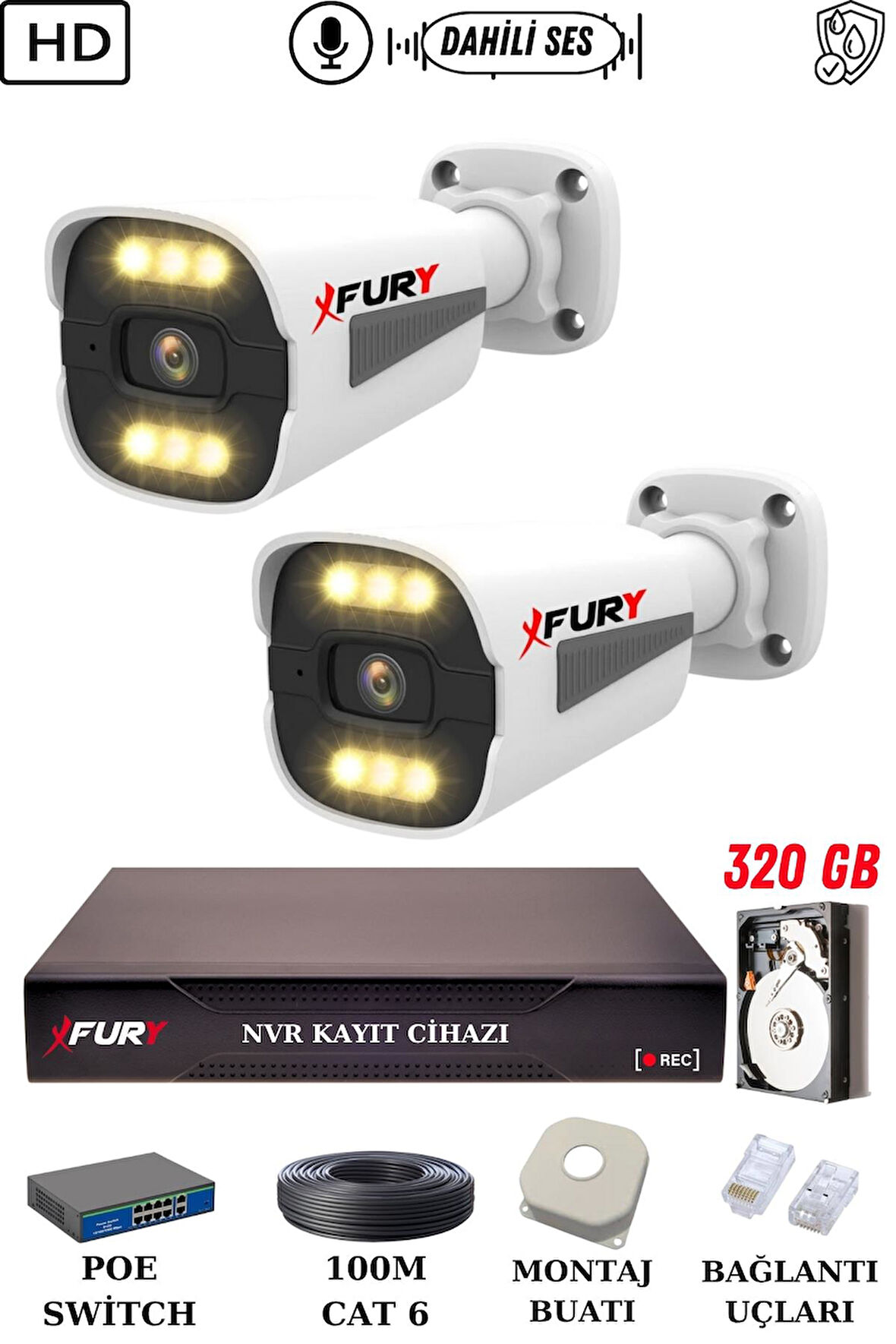 FURY 2 Kameralı Ip Güvenlik Kamerası Seti Sesli 4mp Gece Renkli Su Geçirmez 1506s 320GB