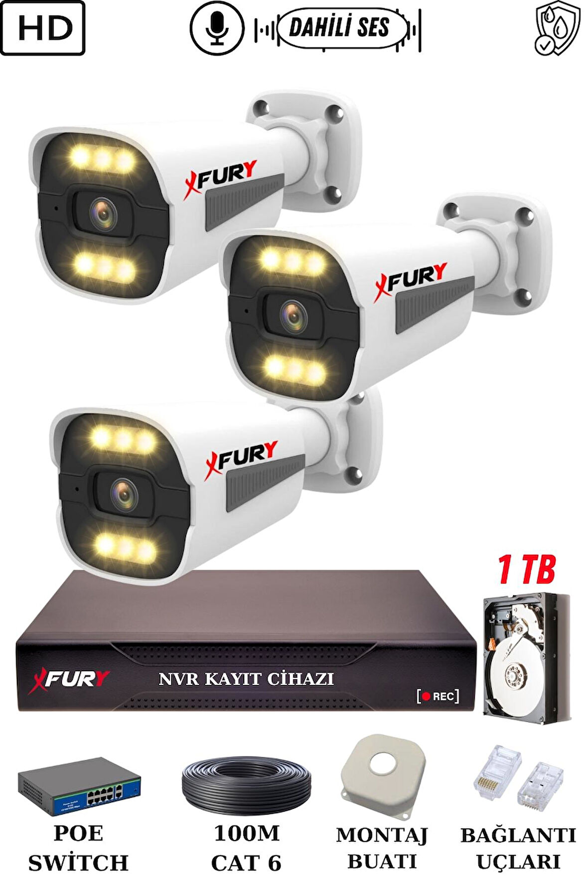 FURY 3 Kameralı Ip Güvenlik Kamerası Seti Sesli 4mp Gece Renkli Su Geçirmez 1506s 1TB