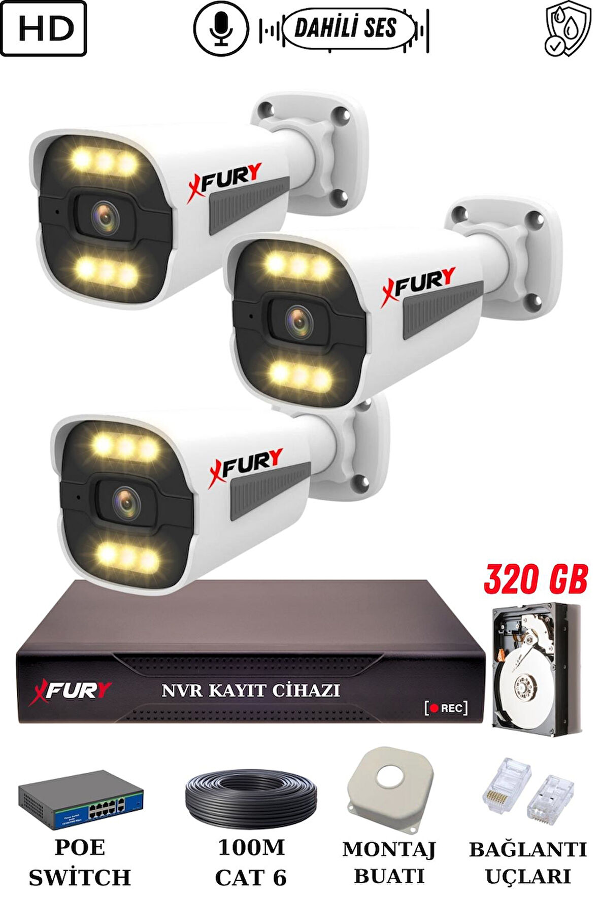 FURY 3 Kameralı Ip Güvenlik Kamerası Seti Sesli 4mp Gece Renkli Su Geçirmez 1506s 320GB