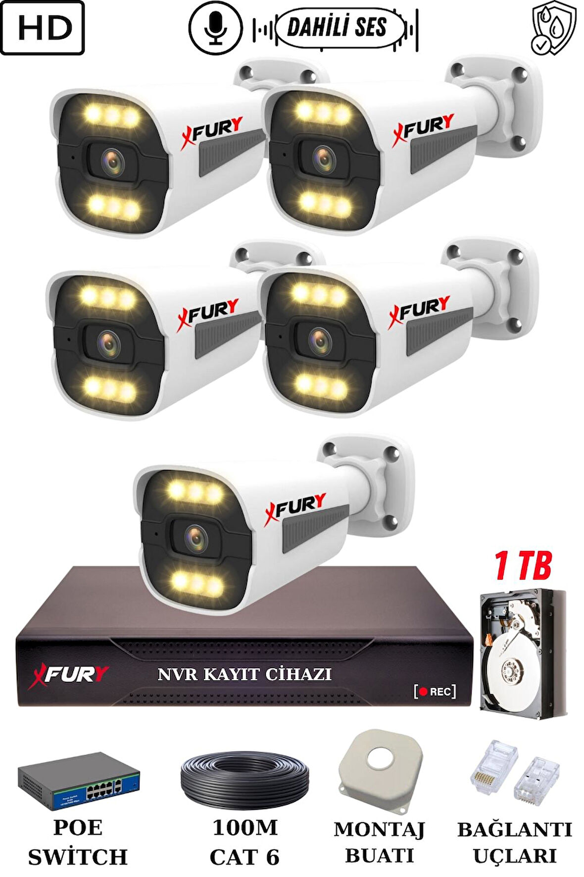 FURY 5 Kameralı Ip Güvenlik Kamerası Seti Sesli 4mp Gece Renkli Su Geçirmez 1506s 1TB