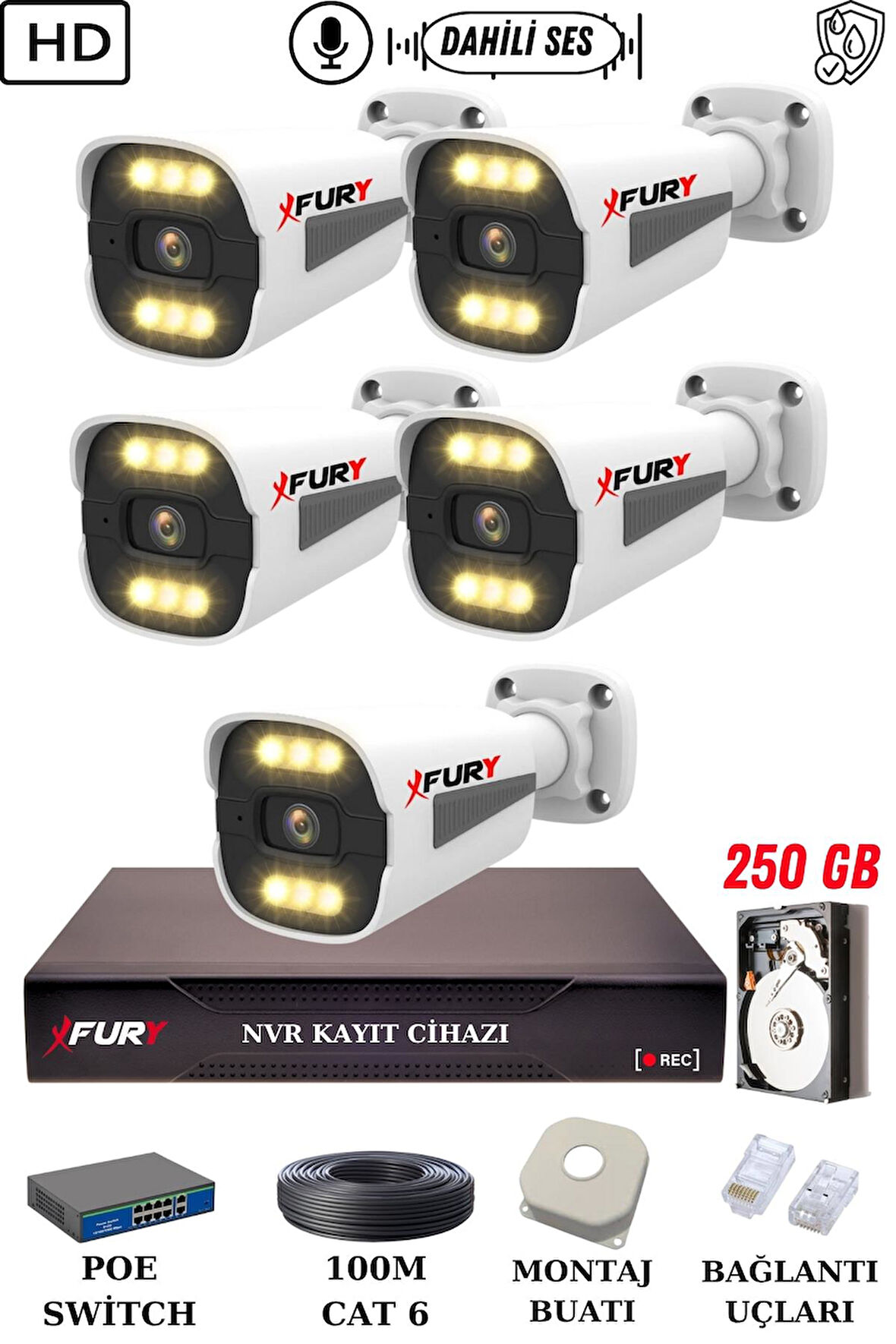 FURY 5 Kameralı Ip Güvenlik Kamerası Seti Sesli 4mp Gece Renkli Su Geçirmez 1506s 250GB