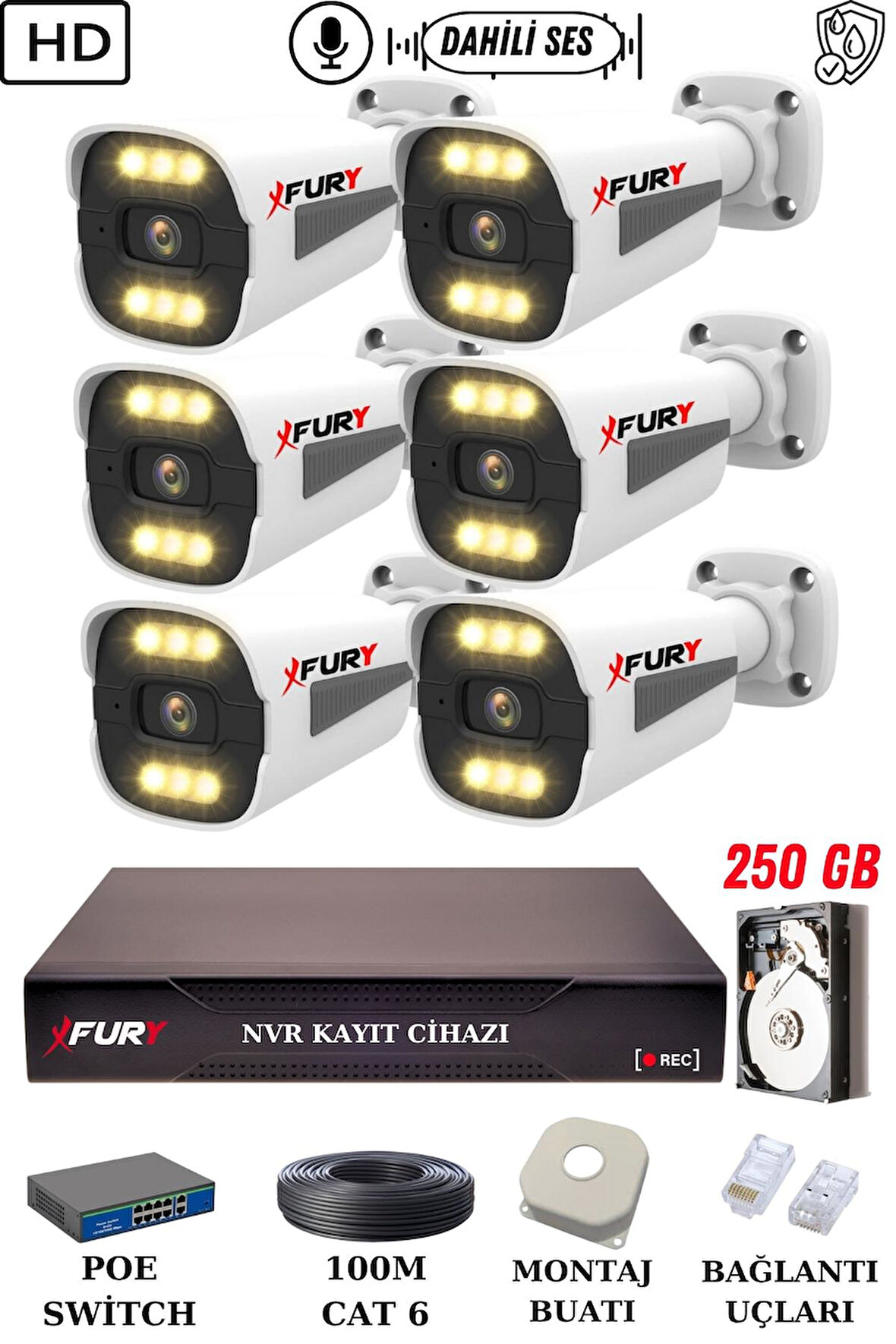 FURY 6 Kameralı Ip Güvenlik Kamerası Seti Sesli 4mp Gece Renkli Su Geçirmez 1506s 250GB
