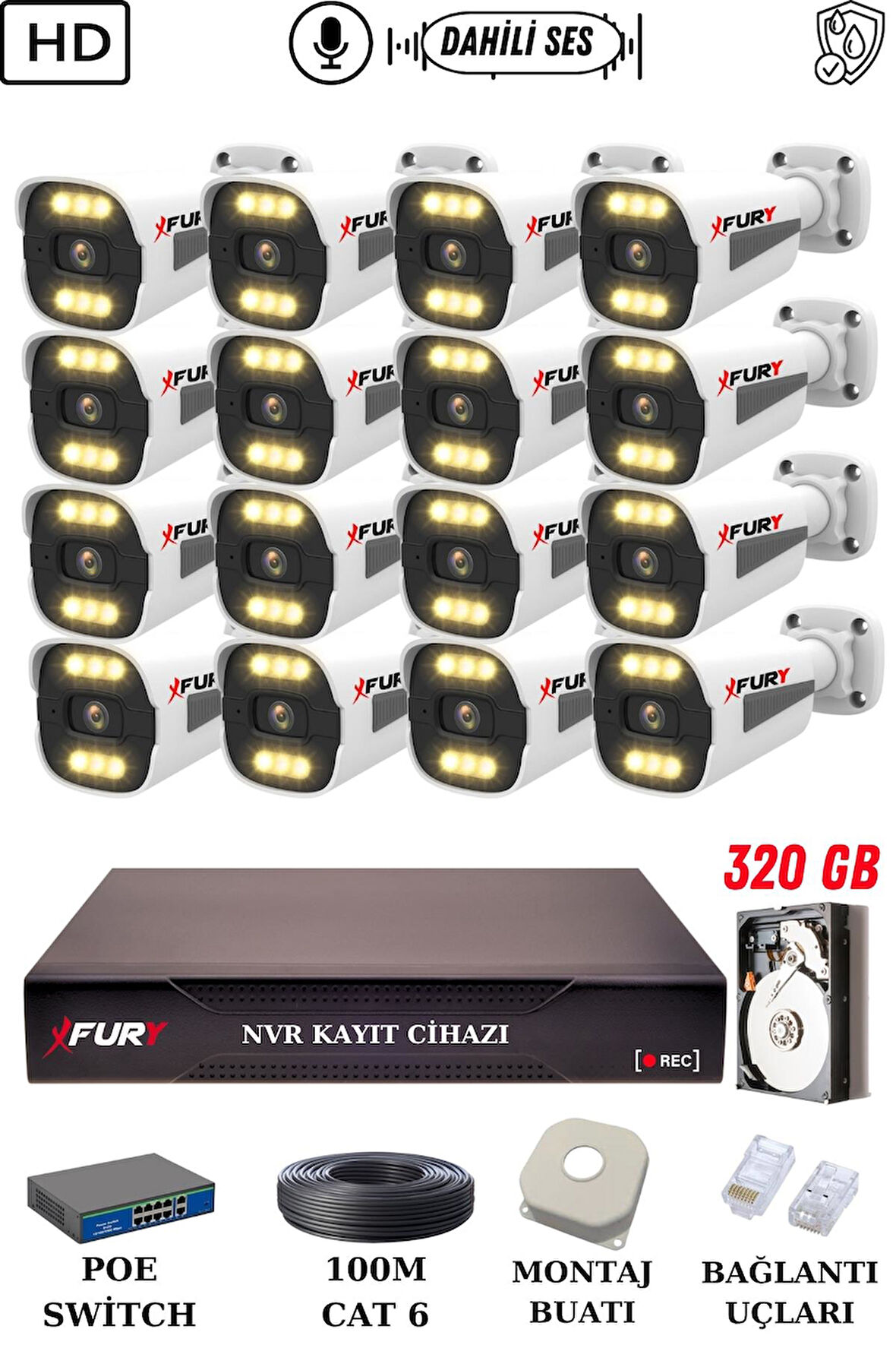 FURY 16 Kameralı Ip Güvenlik Kamerası Seti Sesli 4mp Gece Renkli Su Geçirmez 1506s 320GB
