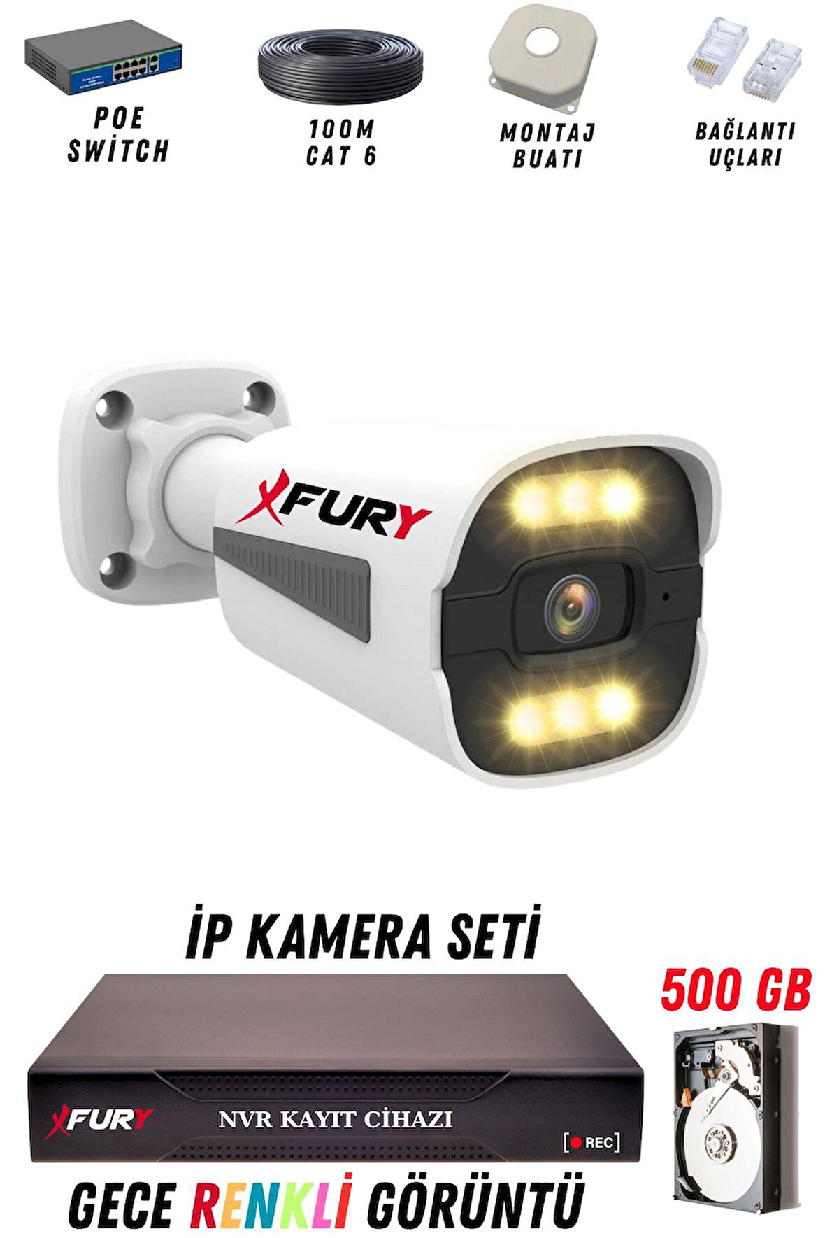 FURY 1 Kameralı Ip Güvenlik Kamerası Seti 4mp Gece Renkli Su Geçirmez 1506 500GB