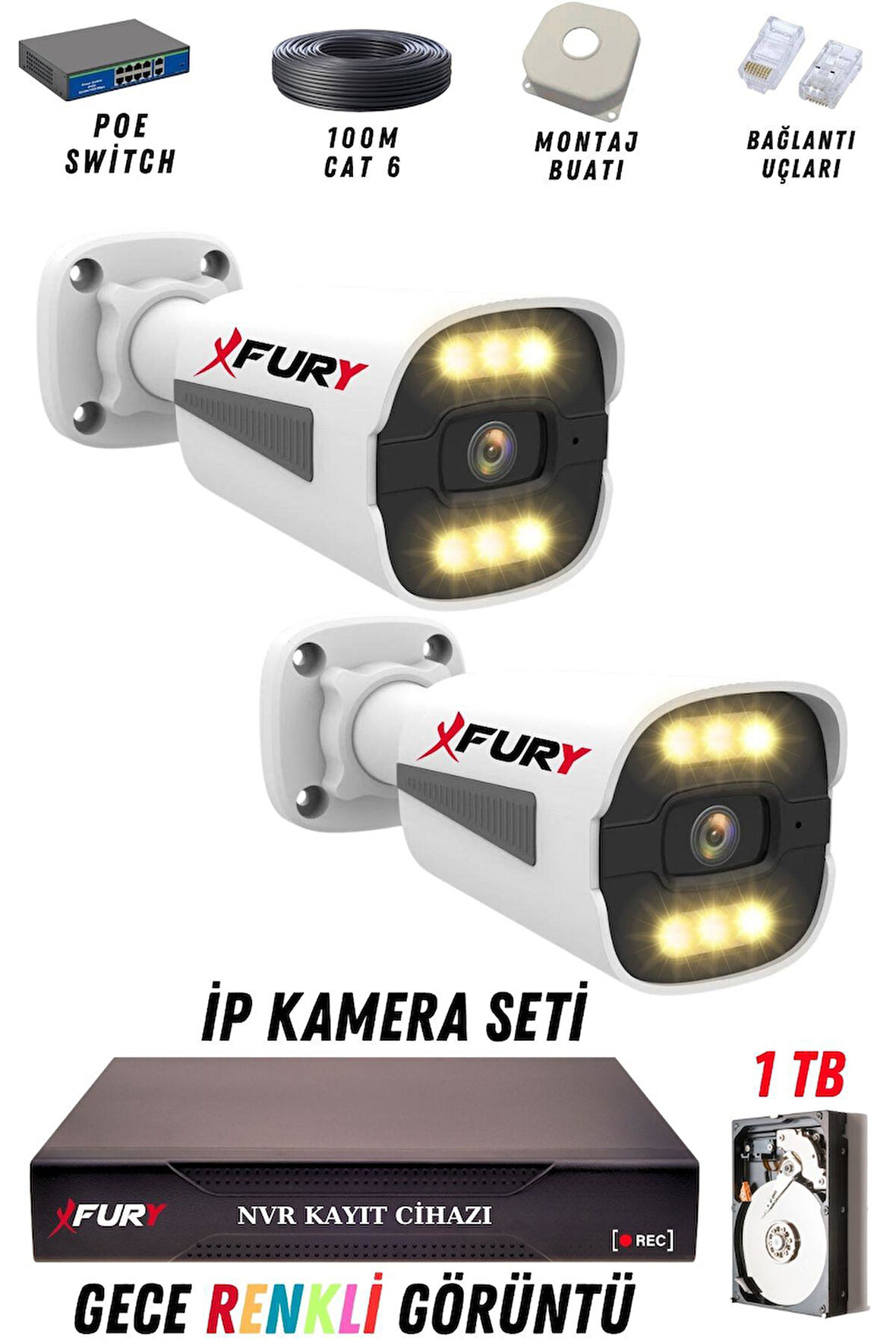 FURY 2 Kameralı Ip Güvenlik Kamerası Seti 4mp Gece Renkli Su Geçirmez 1506 1TB