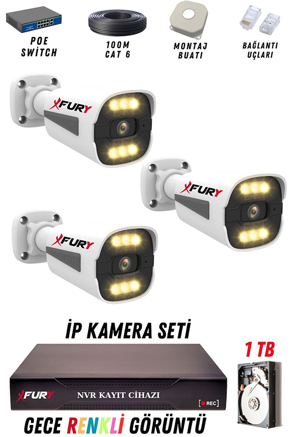 FURY 3 Kameralı Ip Güvenlik Kamerası Seti 4mp Gece Renkli Su Geçirmez 1506 1TB