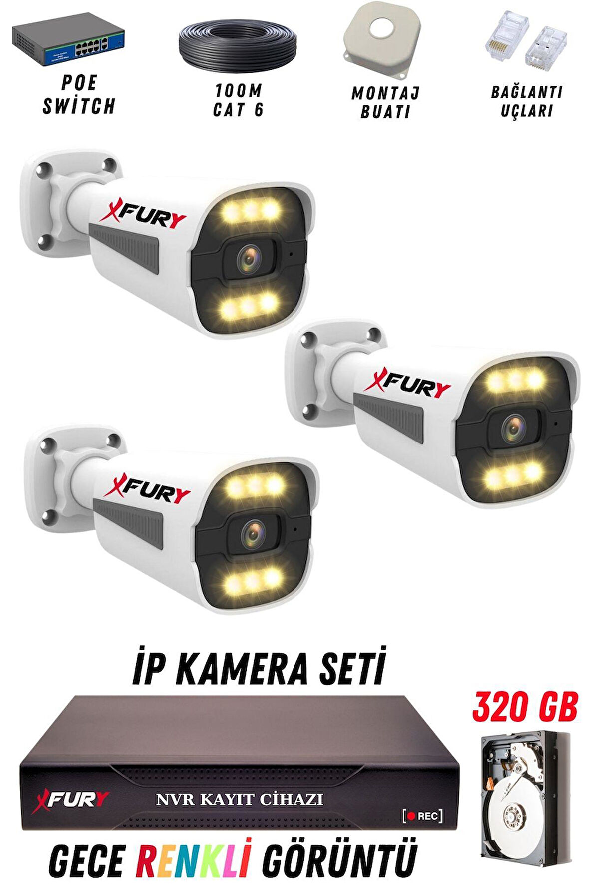 FURY 3 Kameralı Ip Güvenlik Kamerası Seti 4mp Gece Renkli Su Geçirmez 1506 320GB