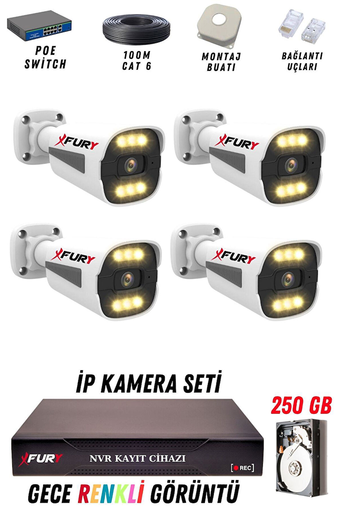 FURY 4 Kameralı Ip Güvenlik Kamerası Seti 4mp Gece Renkli Su Geçirmez 1506 250GB