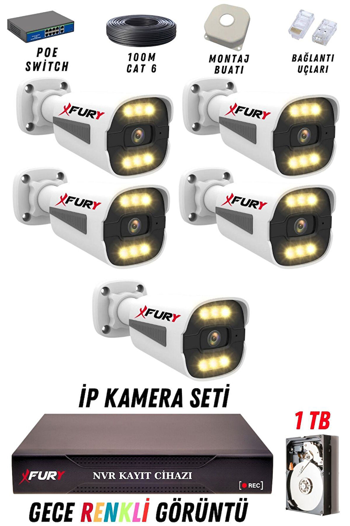 FURY 5 Kameralı Ip Güvenlik Kamerası Seti 4mp Gece Renkli Su Geçirmez 1506 1TB