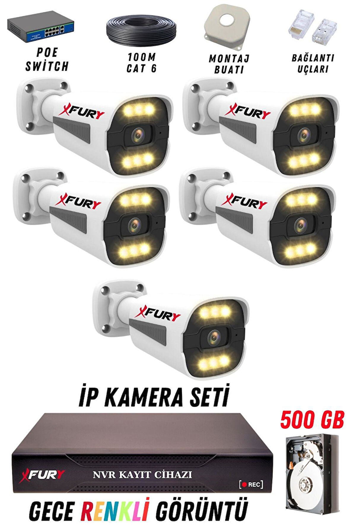 FURY 5 Kameralı Ip Güvenlik Kamerası Seti 4mp Gece Renkli Su Geçirmez 1506 500GB