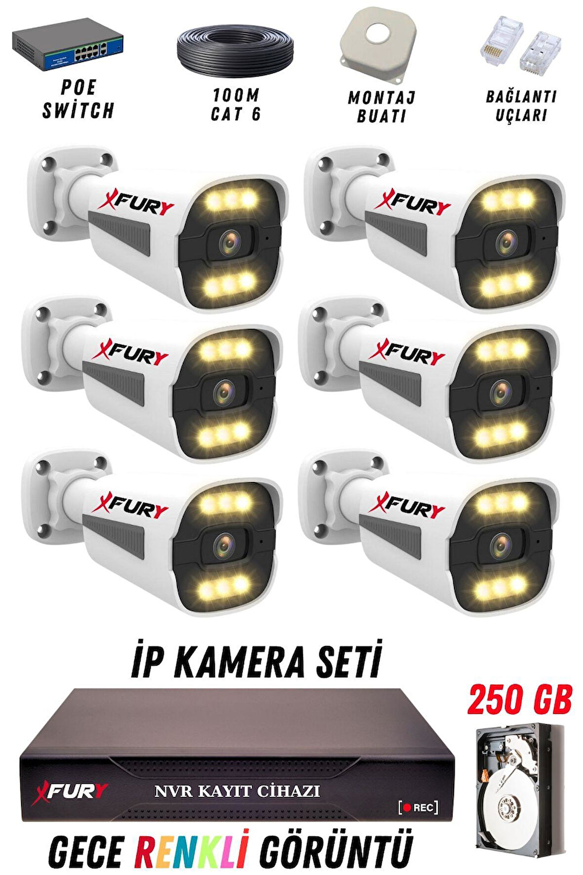 FURY 6 Kameralı Ip Güvenlik Kamerası Seti 4mp Gece Renkli Su Geçirmez 1506 250GB