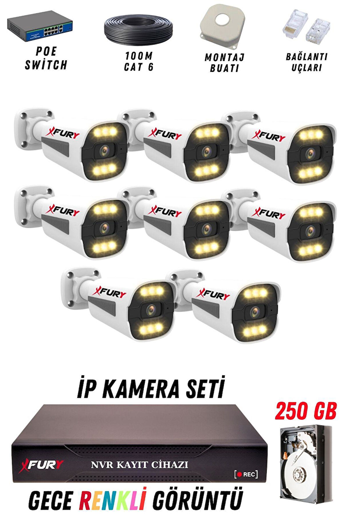 FURY 8 Kameralı Ip Güvenlik Kamerası Seti 4mp Gece Renkli Su Geçirmez 1506 250GB