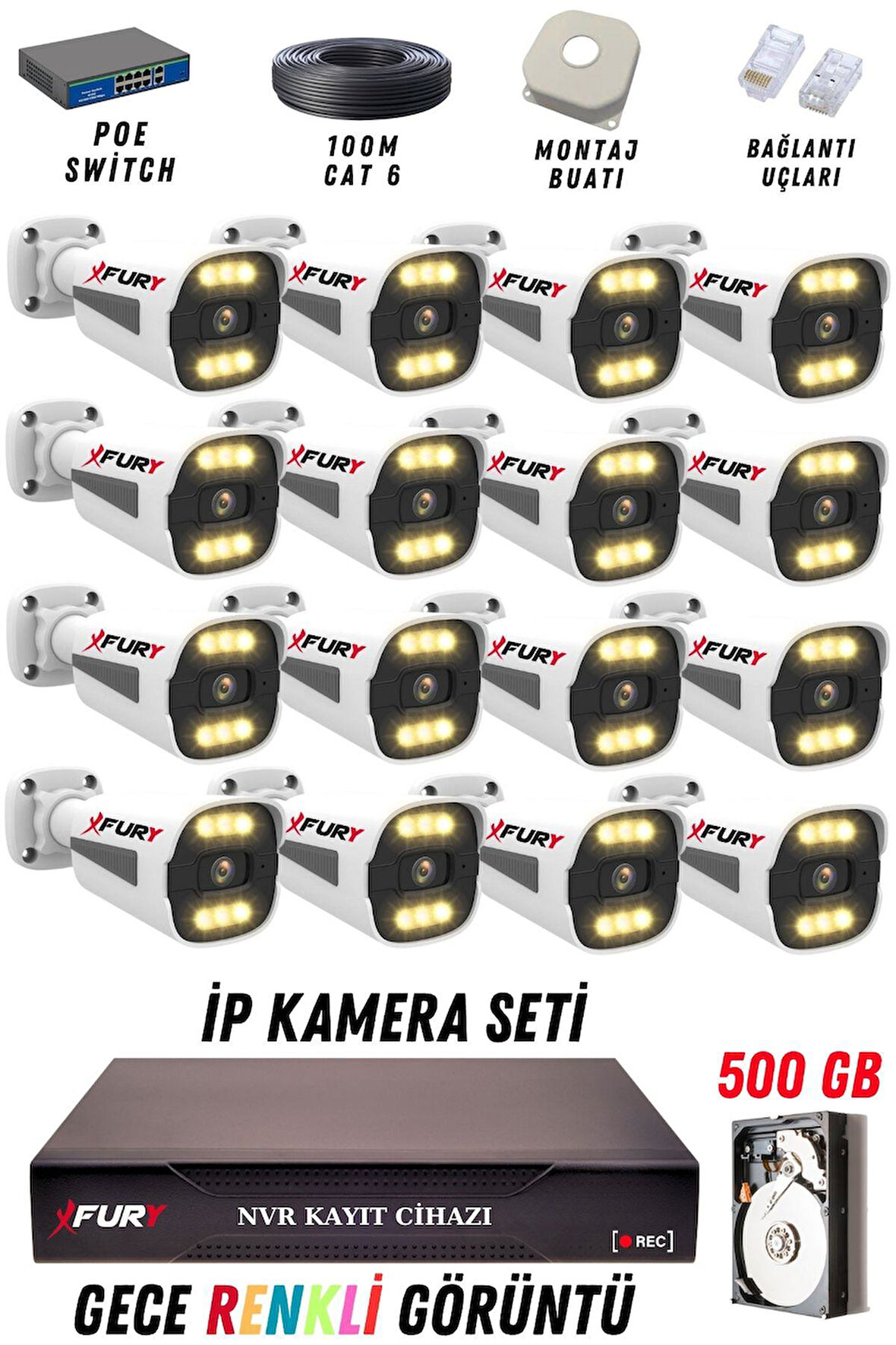FURY 16 Kameralı Ip Güvenlik Kamerası Seti 4mp Gece Renkli Su Geçirmez 1506 500GB