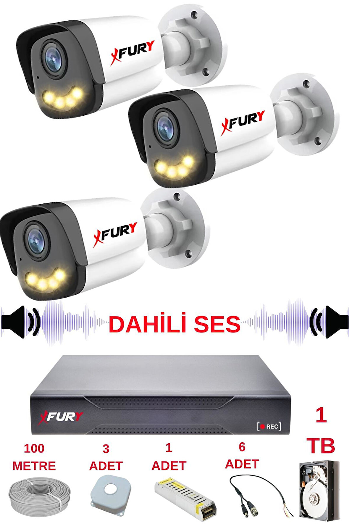 FURY 3 LÜ Sesli Gece Renkli Görüş Güvenlik Kamerası Su Geçirmez Güvenlik Kamerası Seti 5590s 1TB