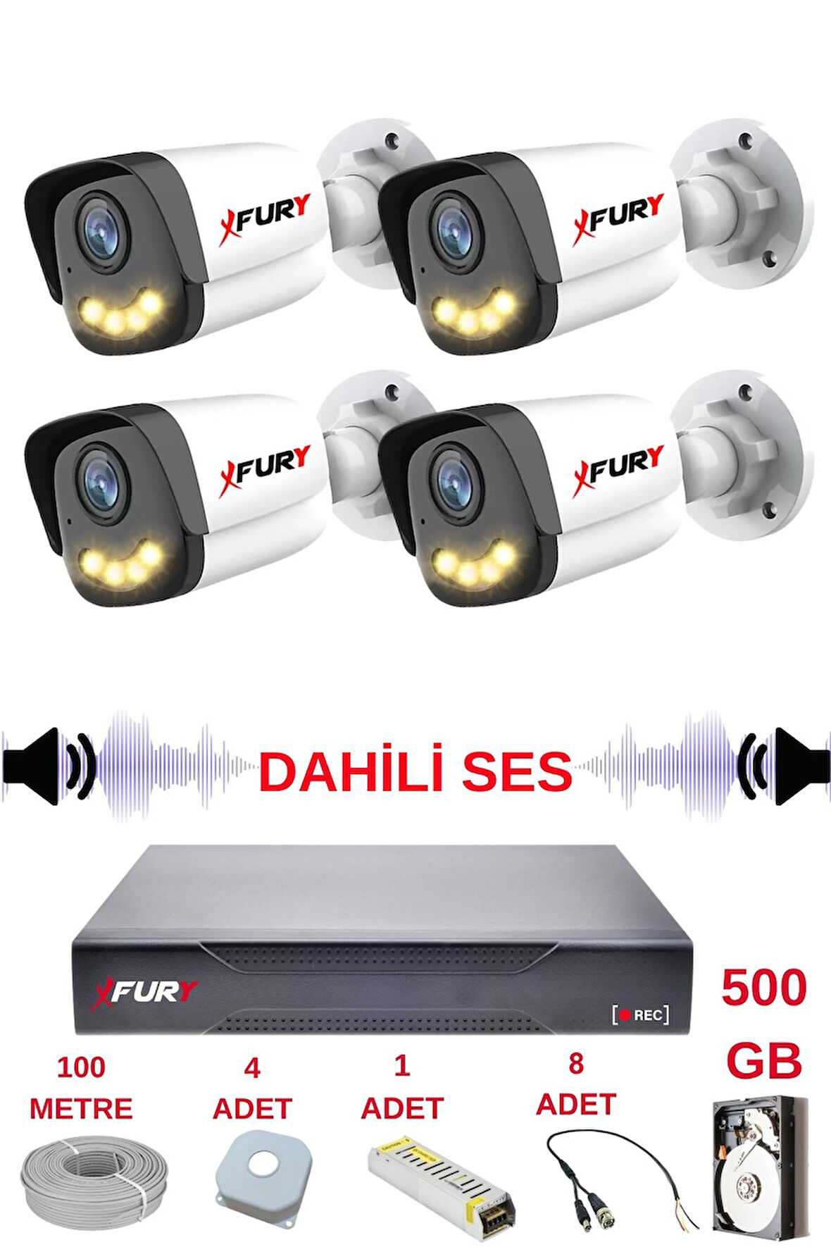 FURY 4 LÜ Sesli Gece Renkli Görüş Güvenlik Kamerası Su Geçirmez Güvenlik Kamerası Seti 5590s 500GB