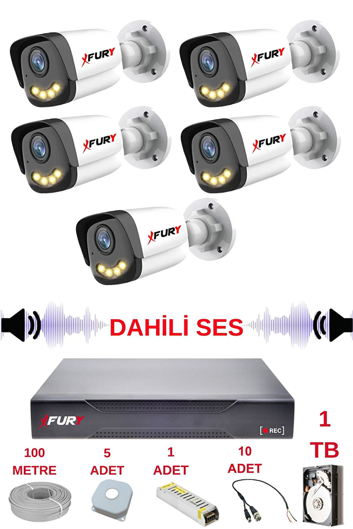 FURY 5 li Sesli Gece Renkli Görüş Güvenlik Kamerası Su Geçirmez Güvenlik Kamerası Seti 5590s 1TB